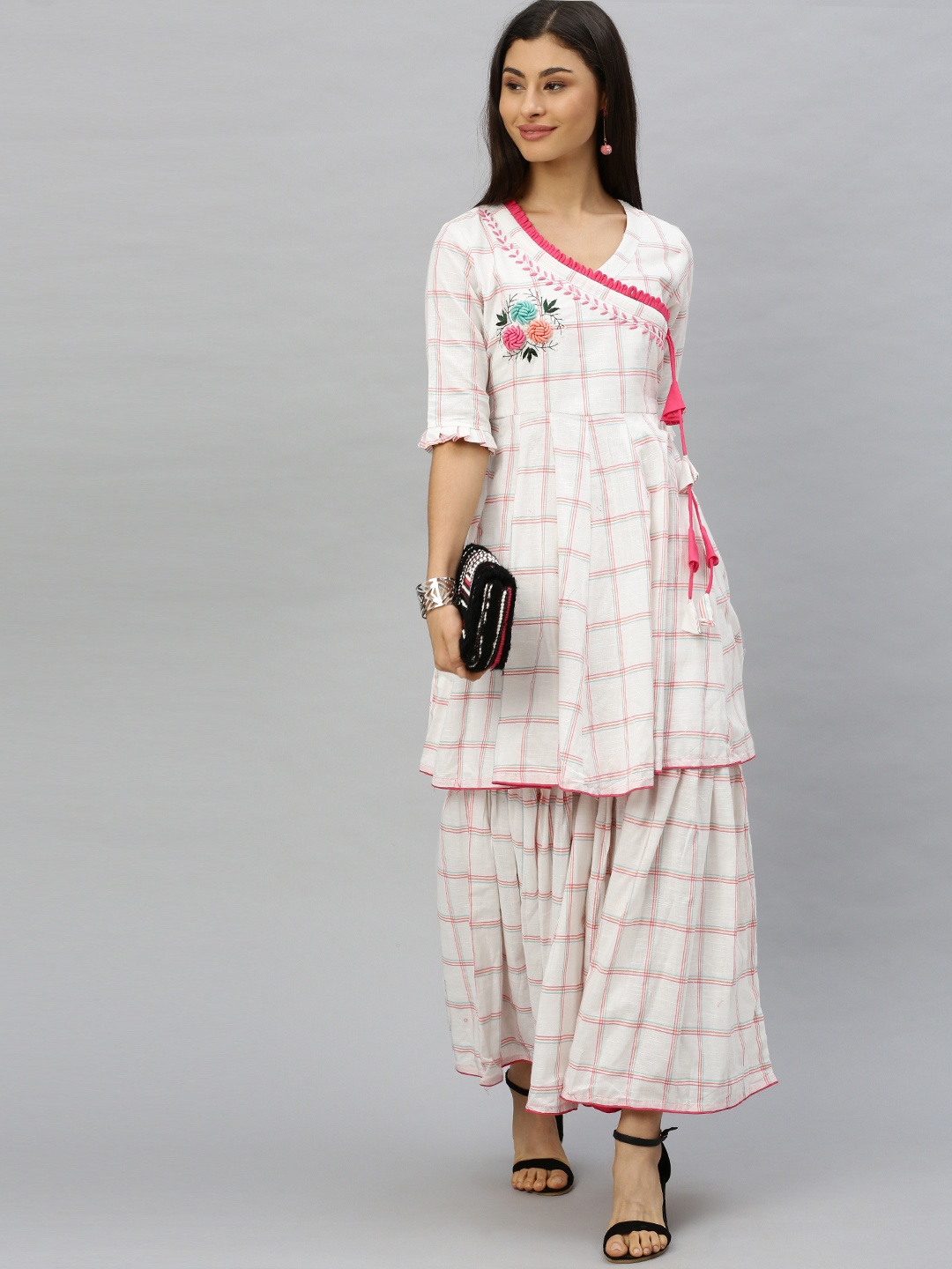 

Ishin Women Off White Angrakha Thread Work Pure Cotton Kurta with Sharara