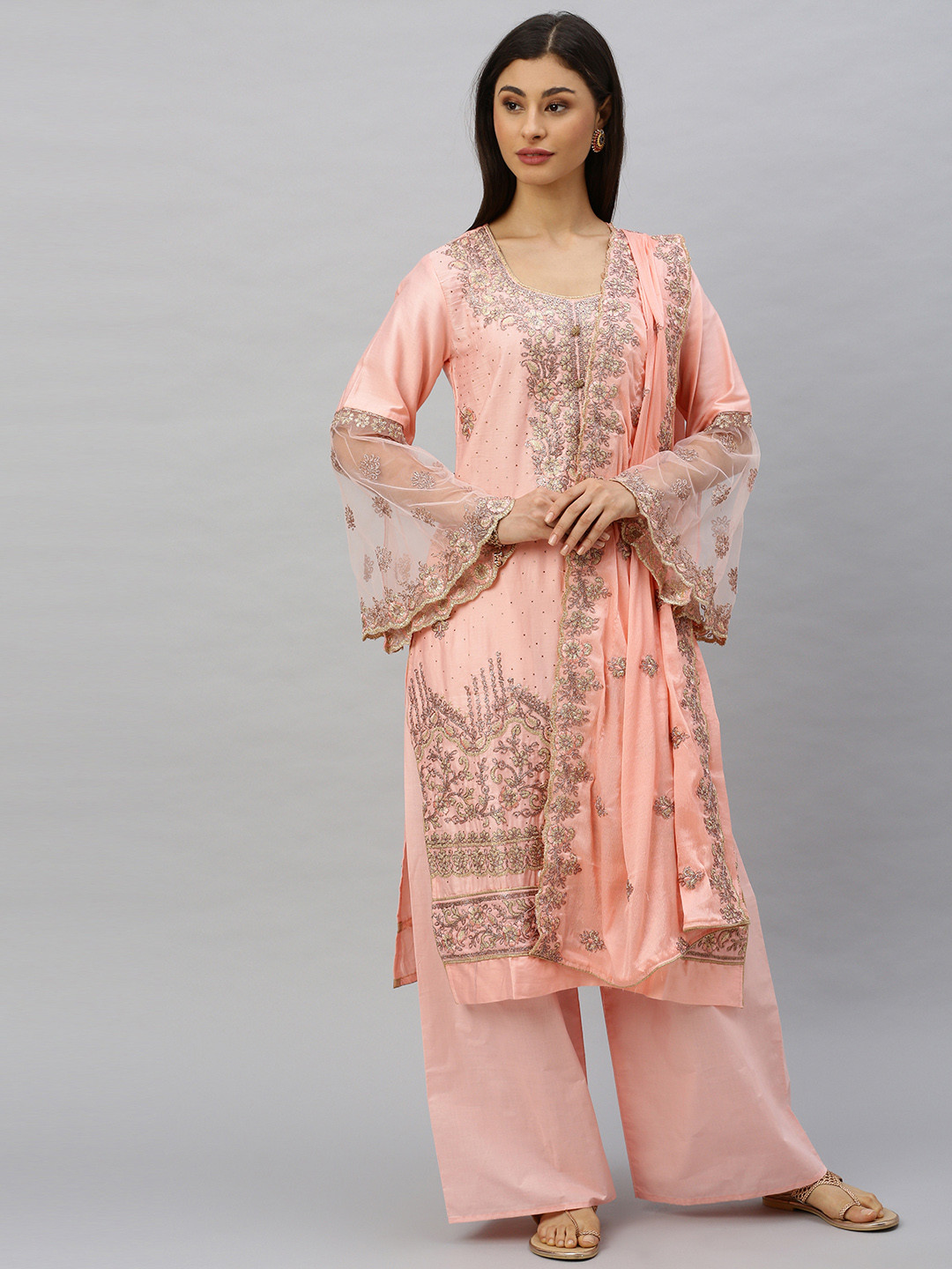 

Ishin Women Peach-Coloured Embroidered Kurta with Palazzos & Dupatta