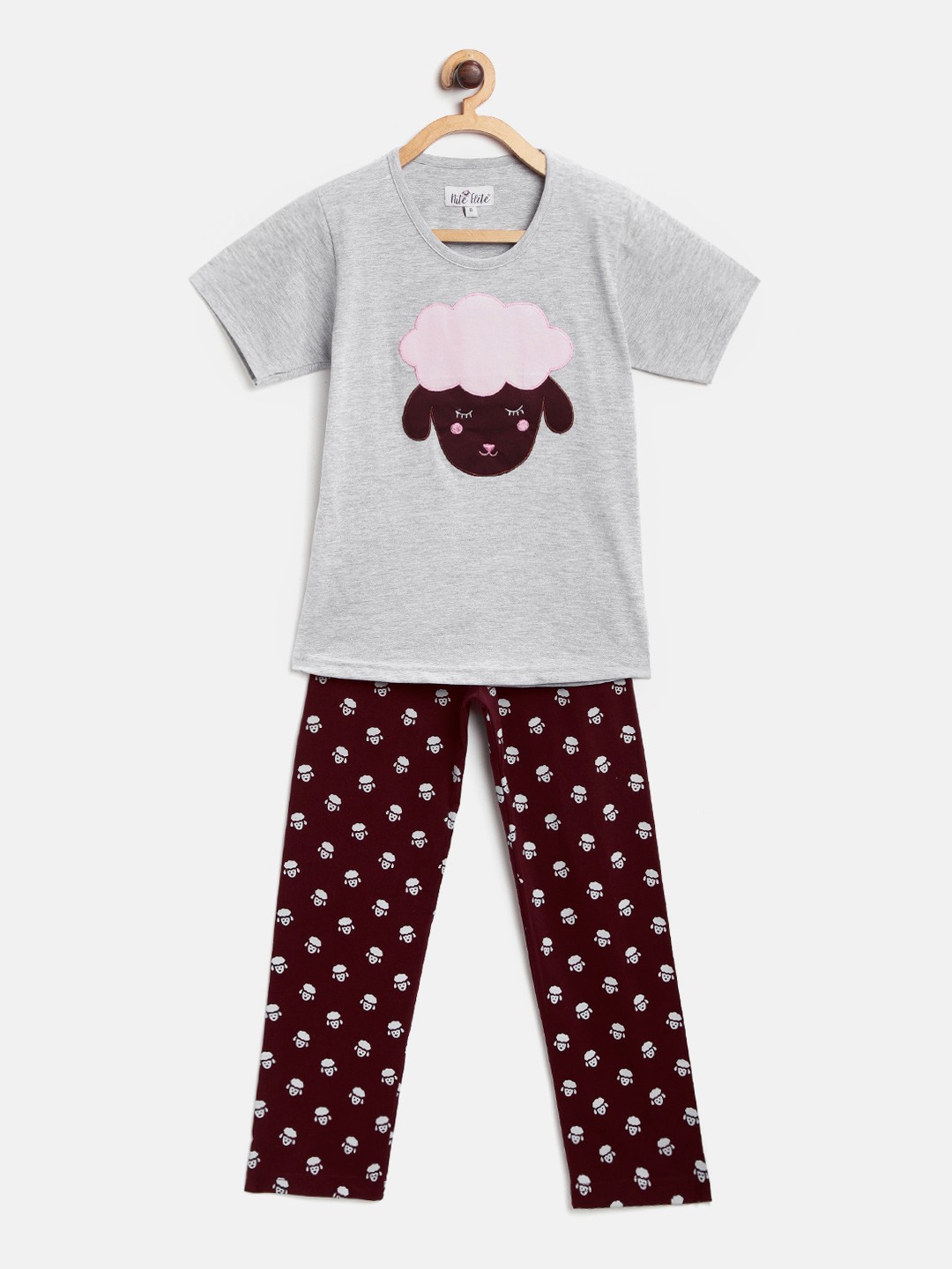 

Nite Flite Girls Grey Melange & Burgundy Applique Detail Night Suit