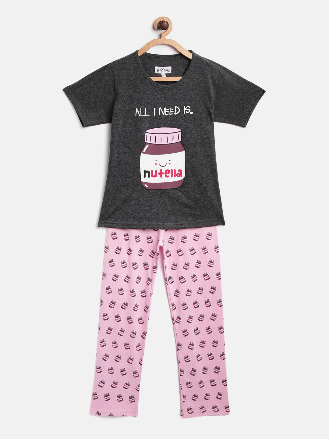 

Nite Flite Girls Charcoal Grey & Pink Printed Night Suit