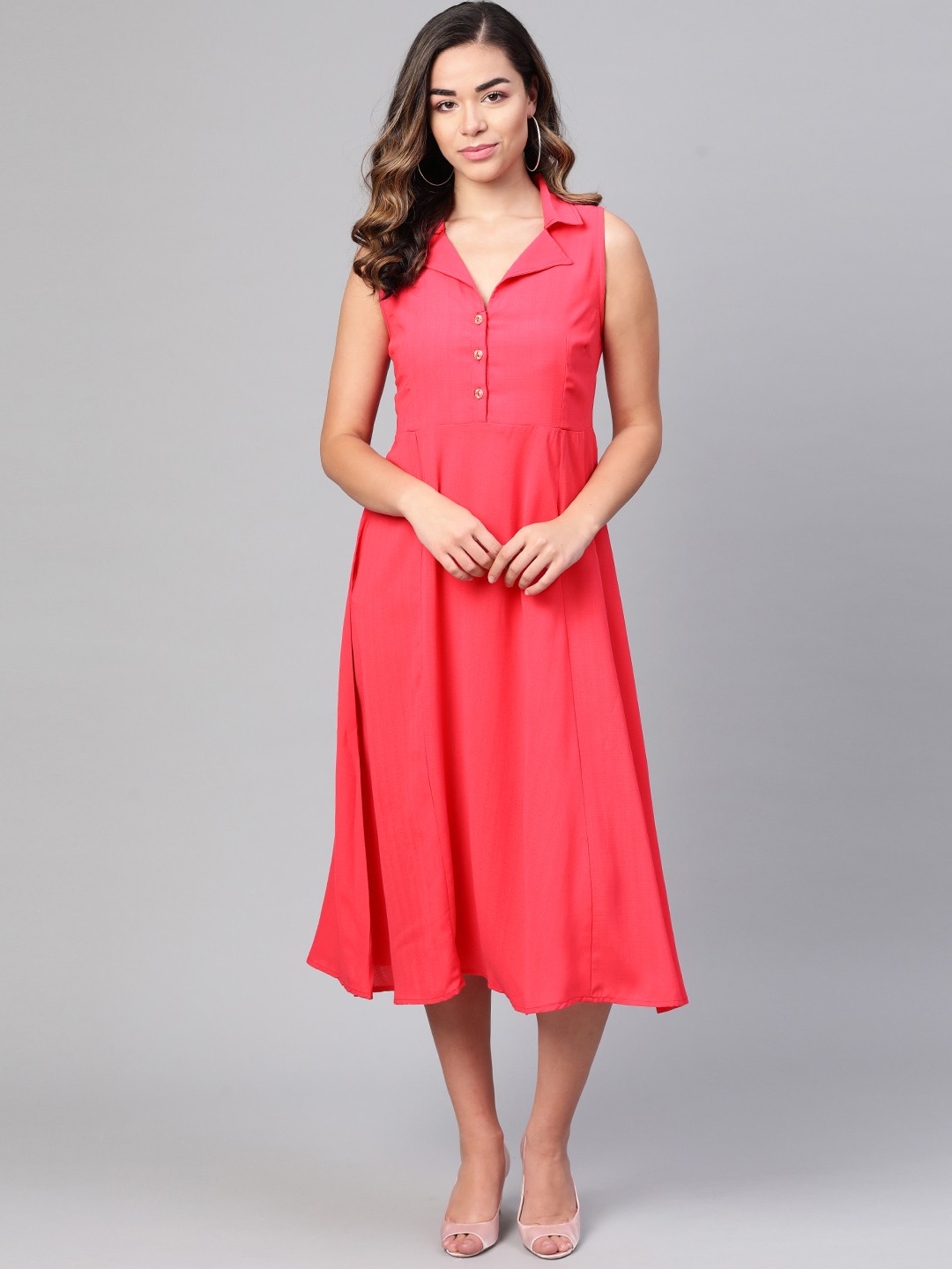 

Myshka Women Coral Pink Solid A-Line Dress