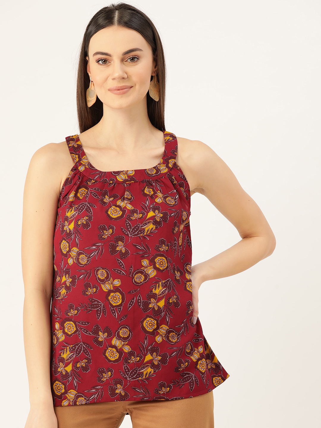 

Rute Women Maroon & Mustard Yellow Floral Print Top