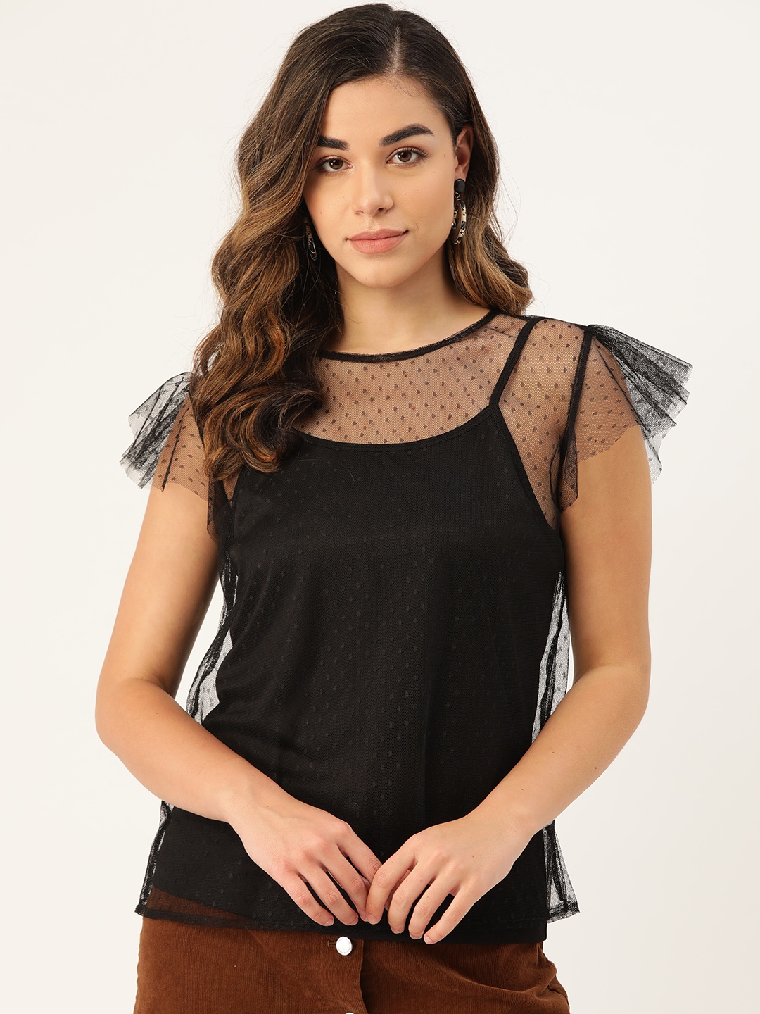

Rute Women Black Net Sheer Top