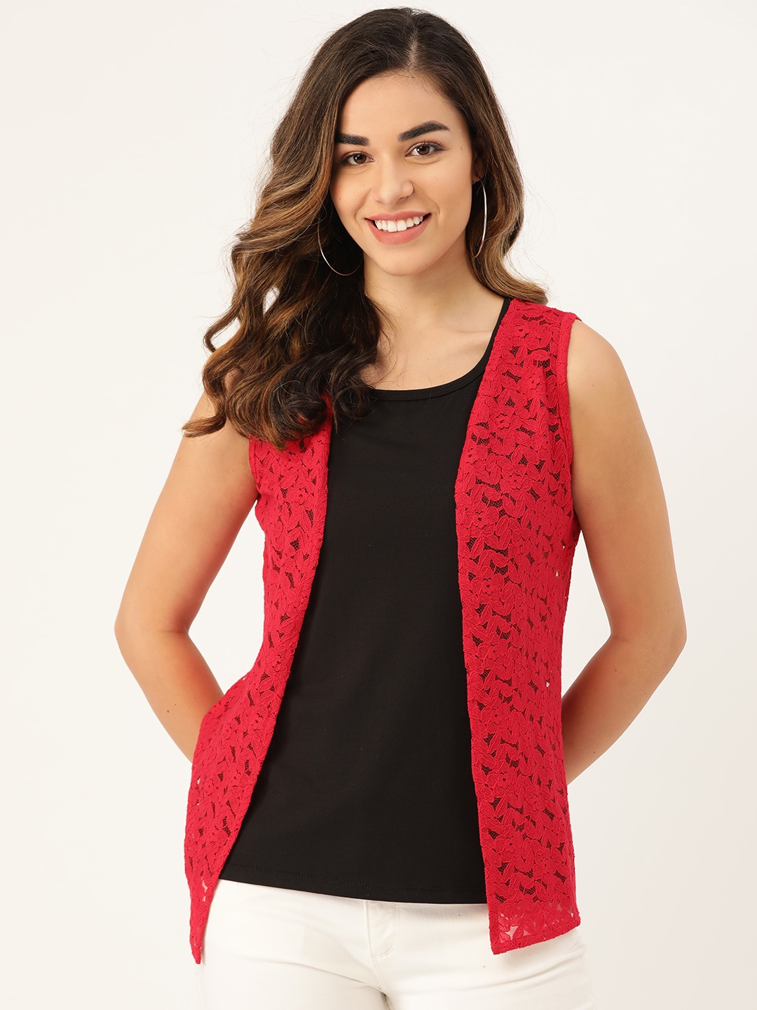 

Rute Women Red Lace Sheer Open Front Shrug