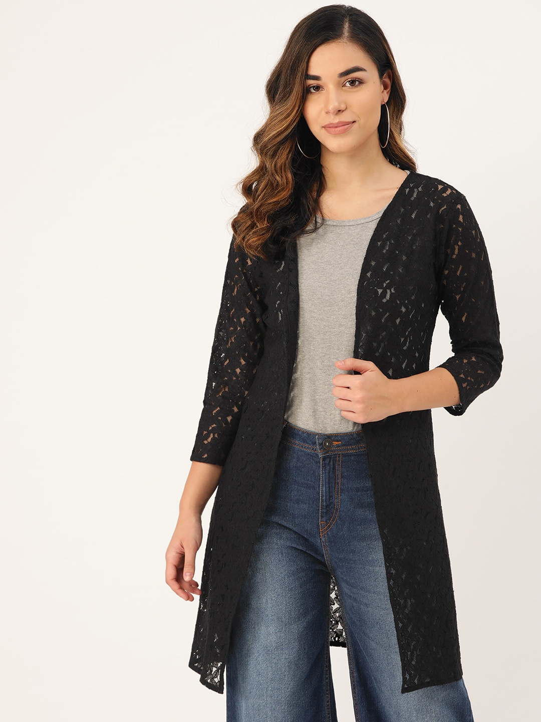 

Rute Women Black Lace Sheer Open Front Longline Shrug