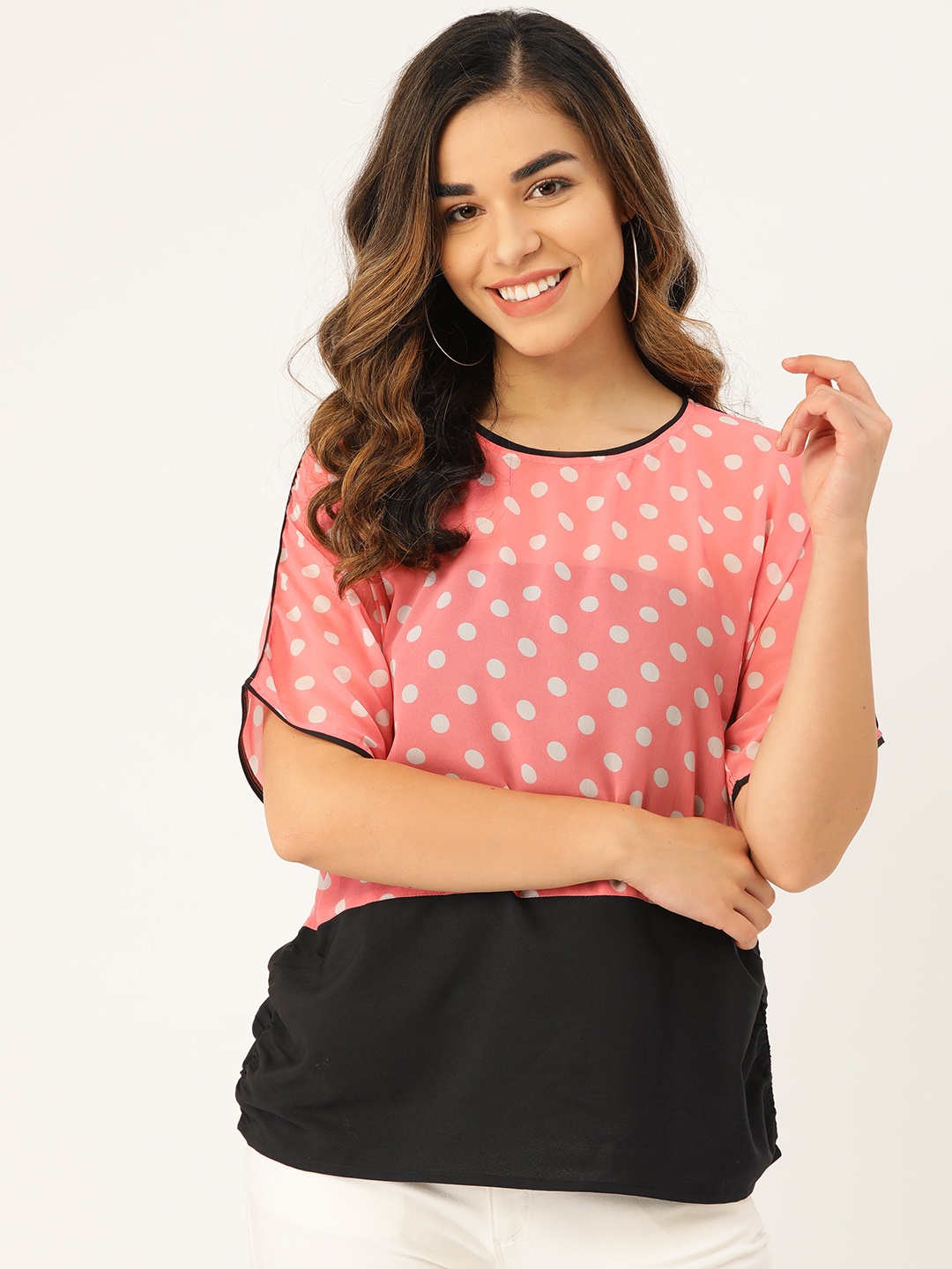 

Rute Women Pink & White Polka Dot Print Semi Sheer Top