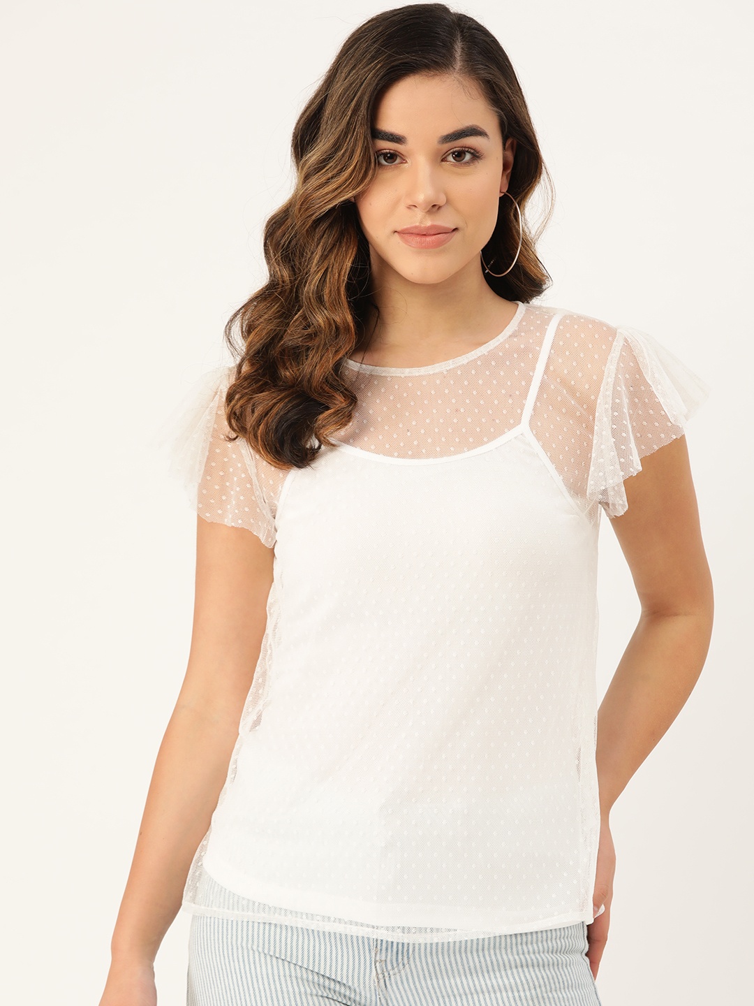 

Rute Women White Self-Design Sheer Net Top with Camisole