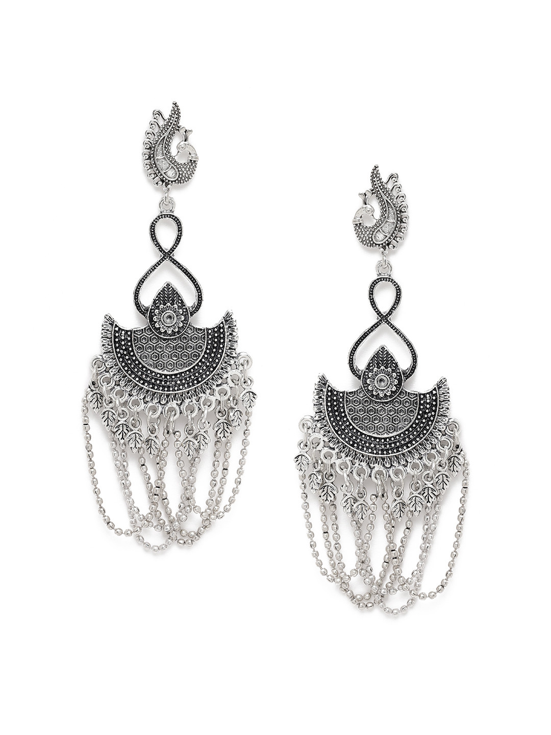 

Fida Silver-Toned Peacock Shaped Oxidised Drop Earrings