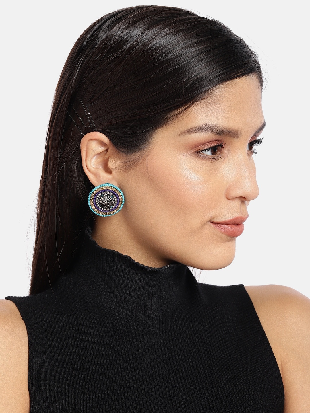 

Fida Silver-Toned & Blue Beaded Circular Oversized Studs