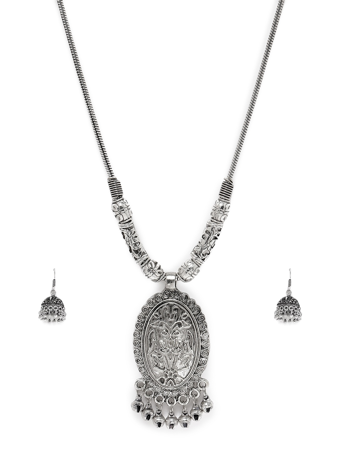 

Fida Women Silver-Toned Oxidised Necklace & Earring Set