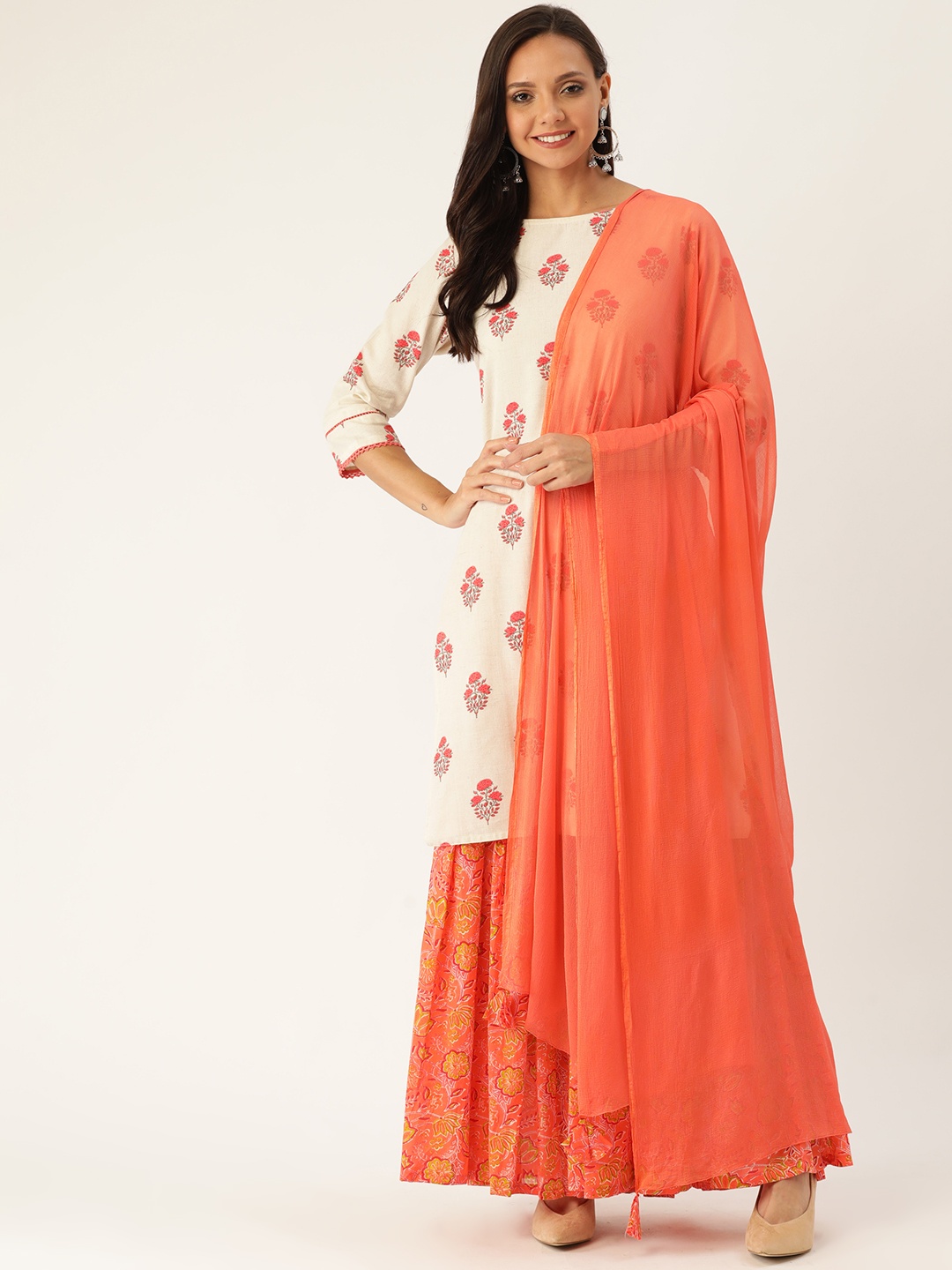 

Jaipur Kurti Women Off-White & Peach-Coloured Printed Kurta with Sharara & Dupatta