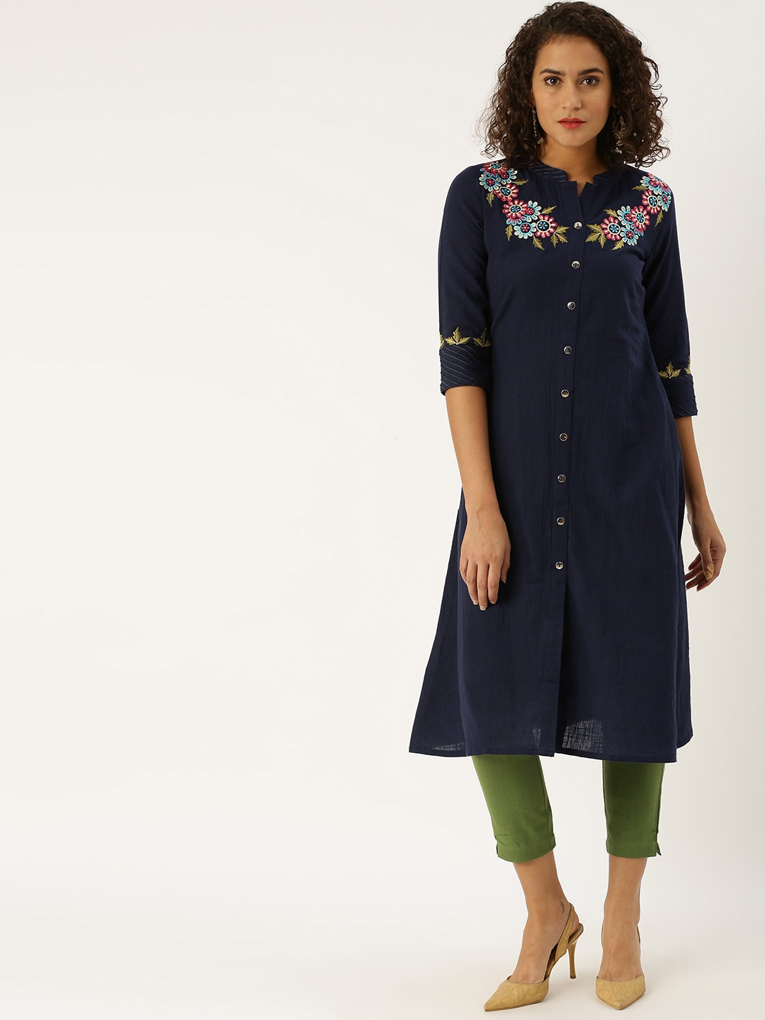 

Jaipur Kurti Women Navy Blue & Olive Green Solid Kurta with Thread Work and Trousers