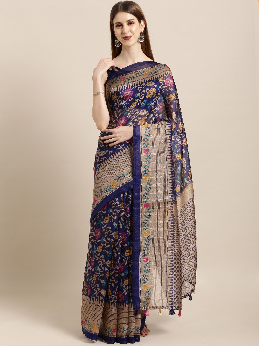 

Rajnandini Blue & Beige Silk Blend Printed Tussar Saree