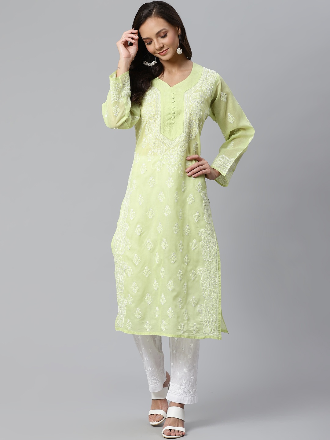 

ADA Women Lime Green & White Chikankari Embroidered Sustainable Handloom Kurta with Palazzos