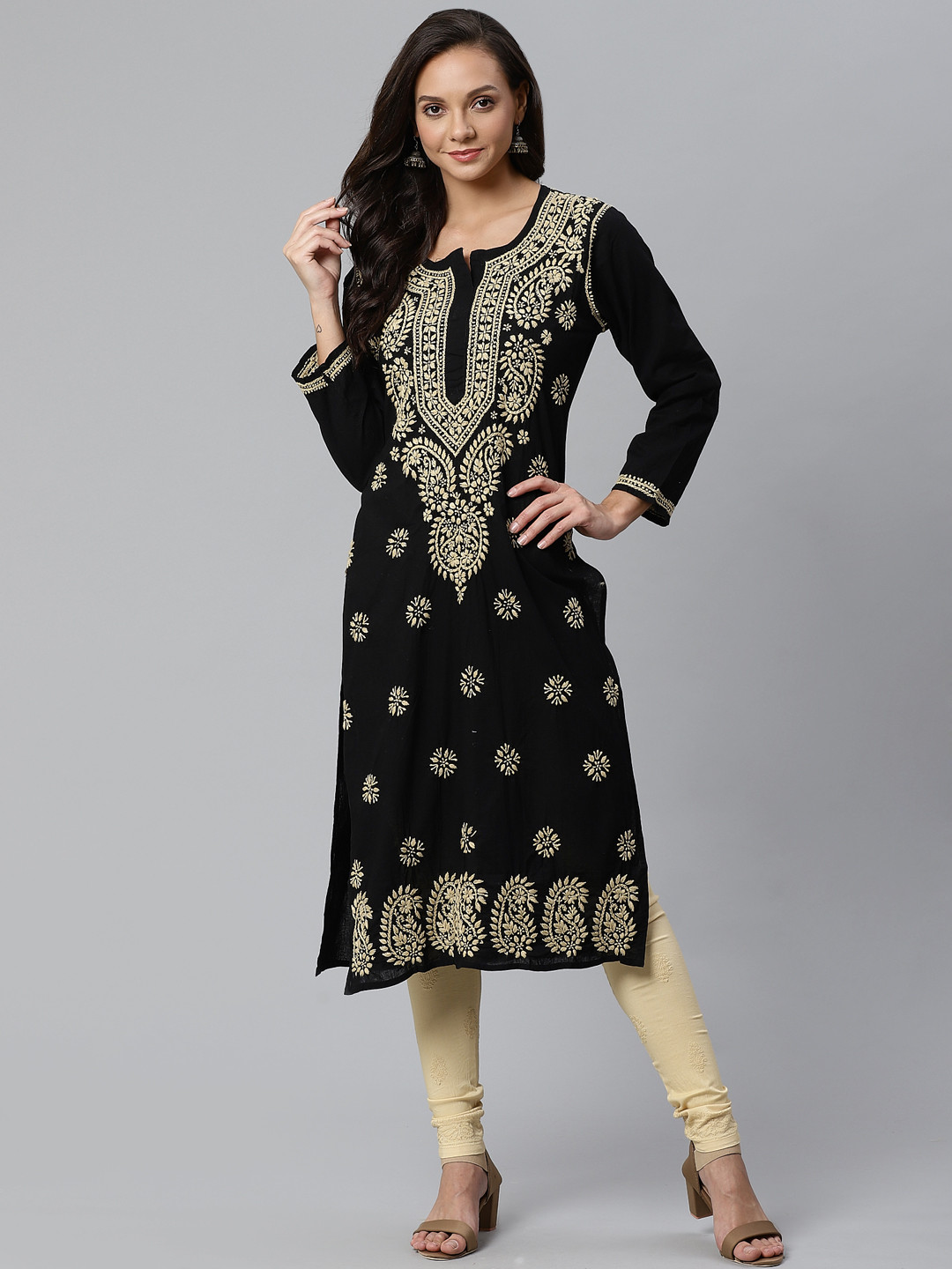 

ADA Women Black & Golden Chikankari Embroidered Sustainable Kurta with Churidar