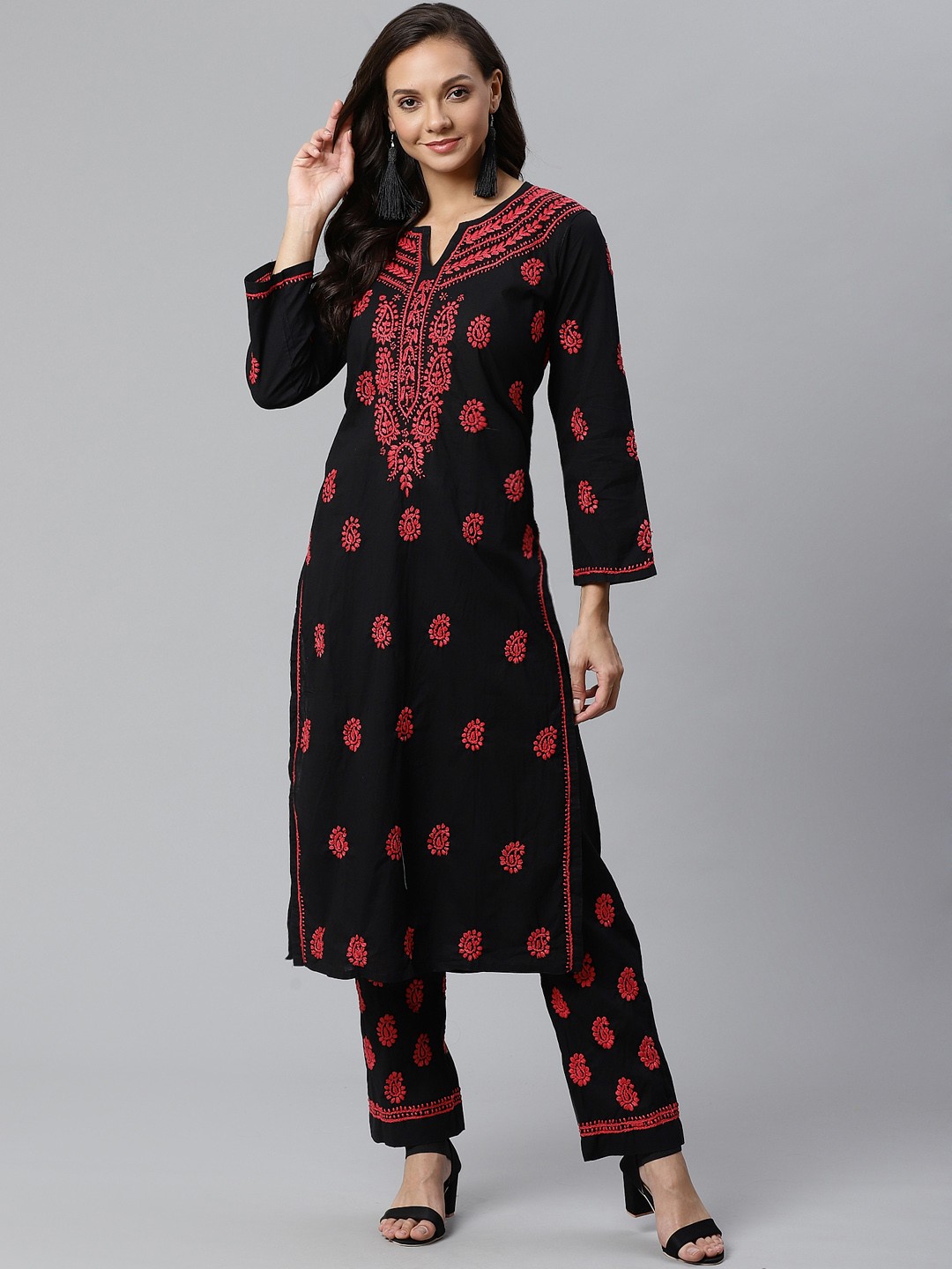 

ADA Women Black & Red Chikankari Embroidered Sustainable Sustainable Handloom Kurta with Palazzos
