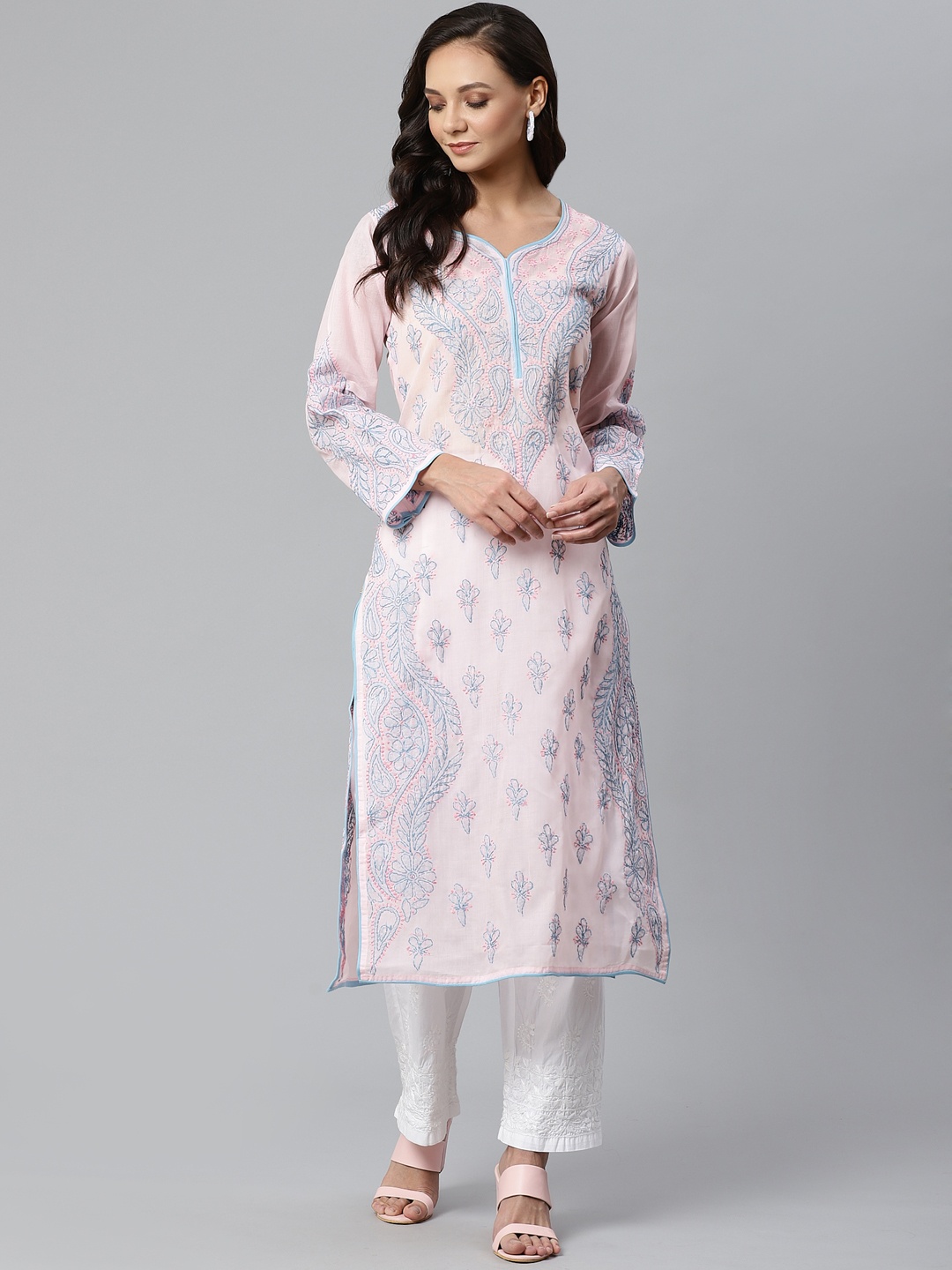 

ADA Women Pink & White Chikankari Embroidered Sustainable Handloom Kurta with Palazzos