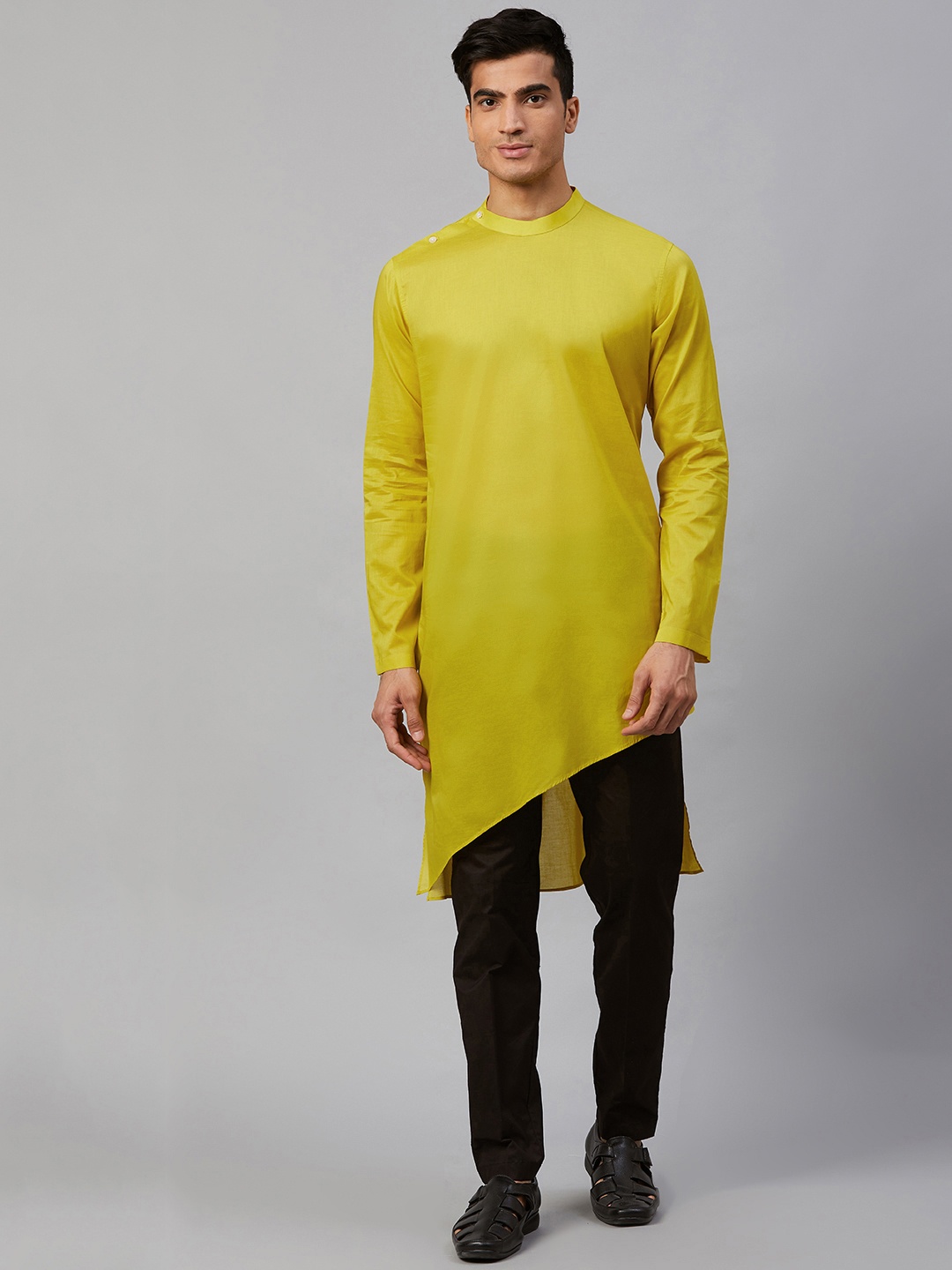 

See Designs Men Mustard Yellow Solid Asymmetric Straight Kurta