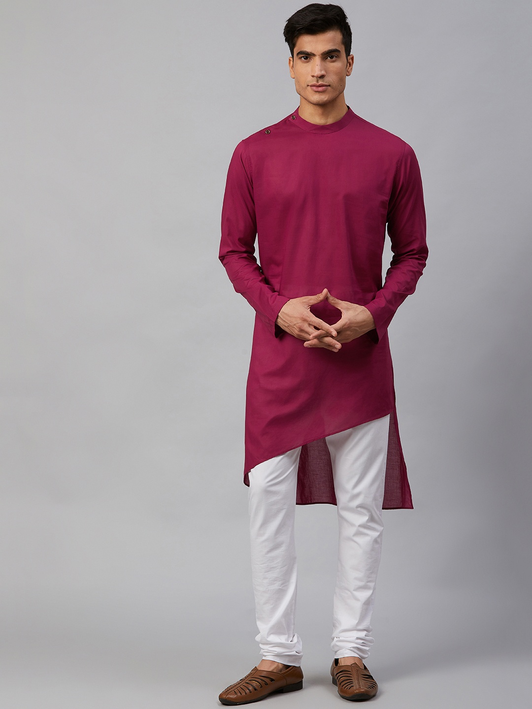 

See Designs Men Magenta Solid High Low Asymmetric Straight Kurta