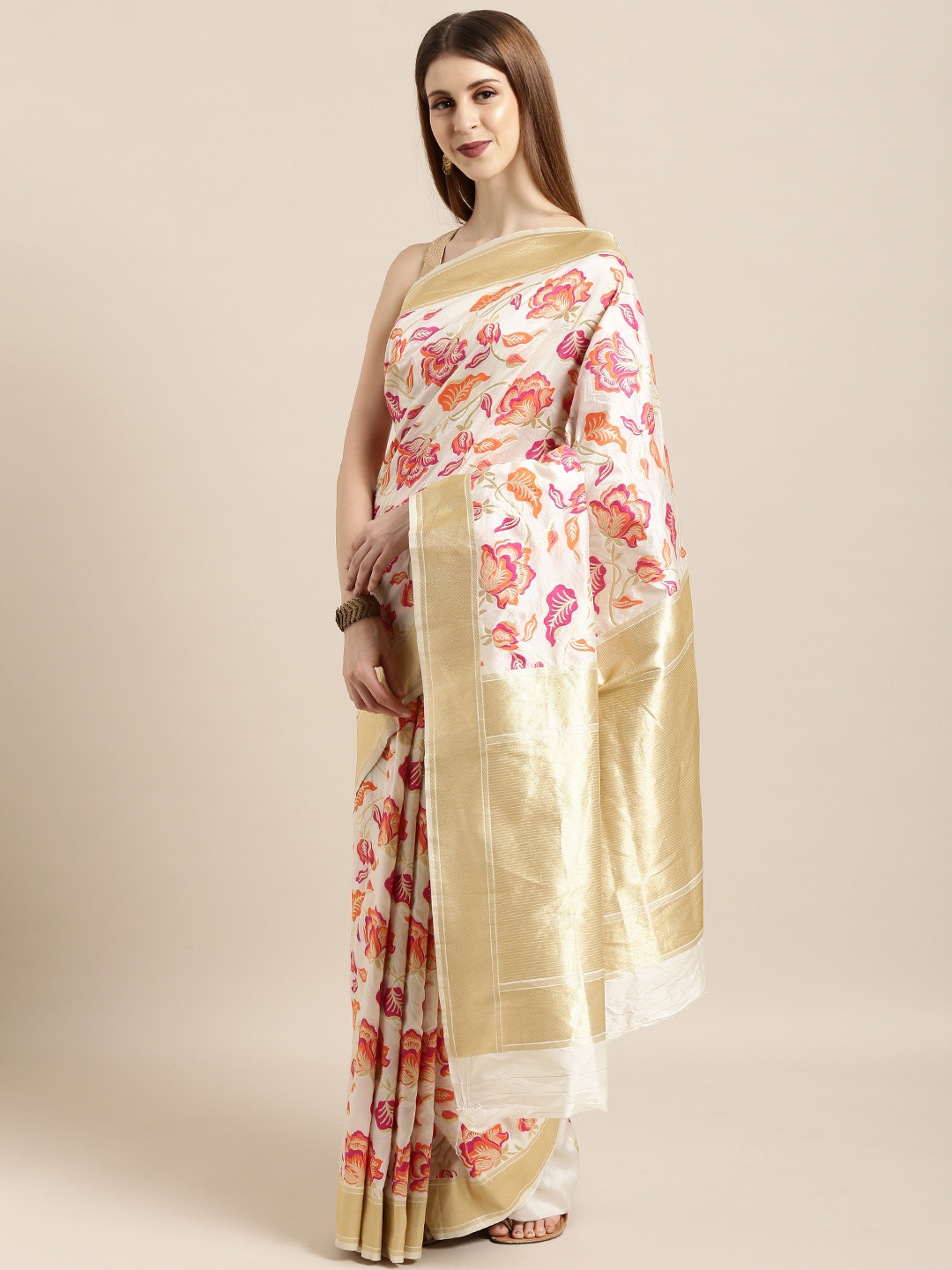 

Mitera White & Gold-Toned Silk Blend Woven Design Kanjeevaram Saree