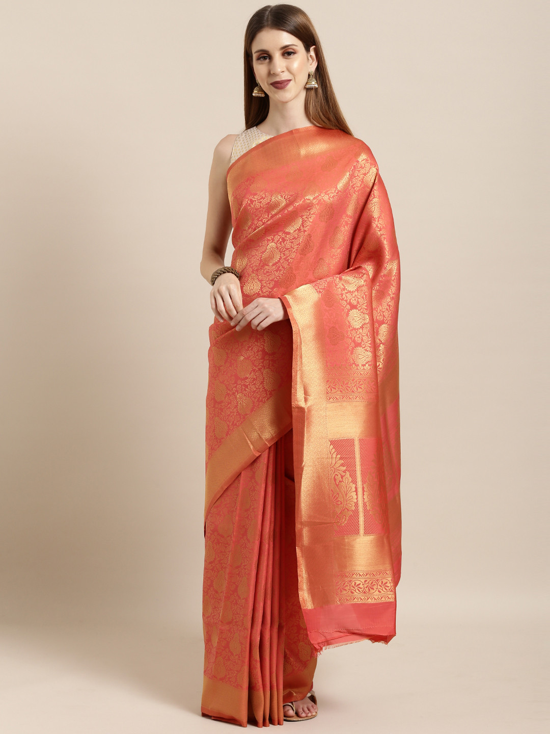 

Mitera Coral Pink & Gold-Toned Banarasi Silk Blend Woven Design Kanjeevaram Saree