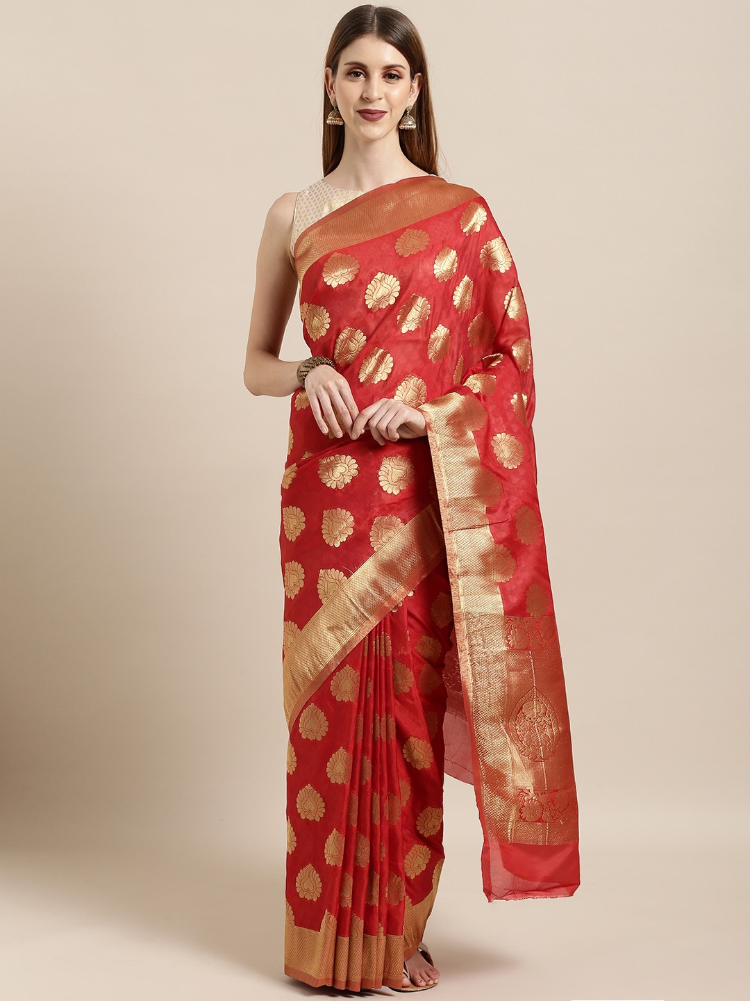

Mitera Red & Golden Silk Blend Woven Design Kanjeevaram Saree