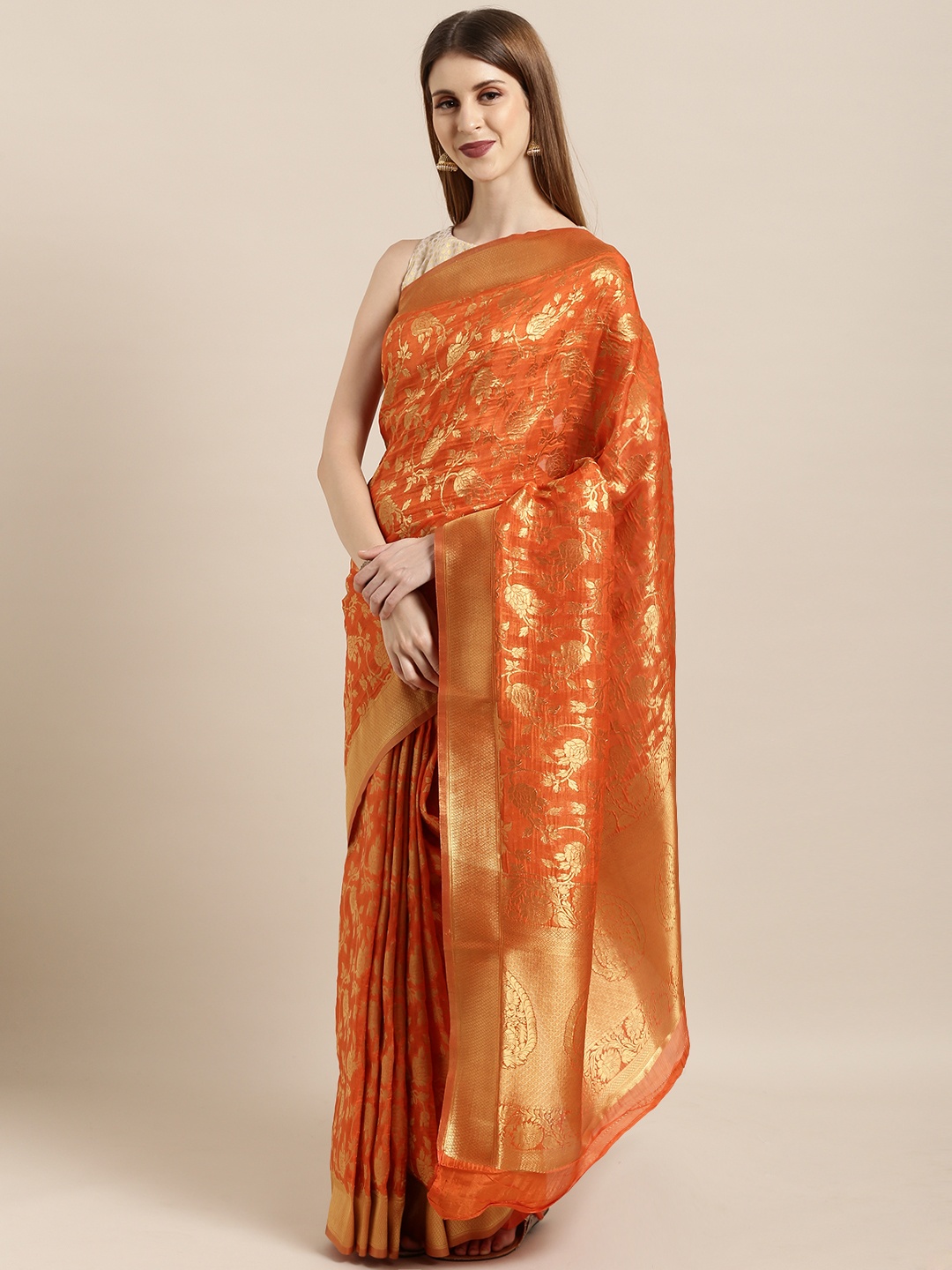 

Mitera Orange & Gold-Toned Banarasi Silk Blend Woven Design Kanjeevaram Saree