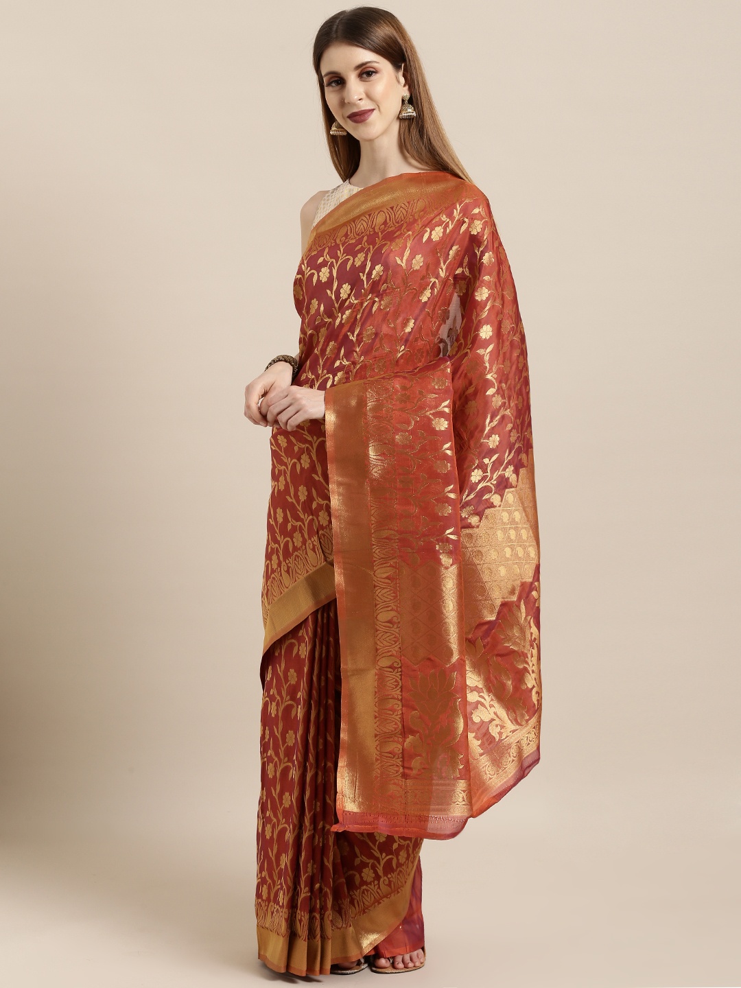 

Mitera Pink & Gold-Toned Silk Blend Woven Design Kanjeevaram Saree