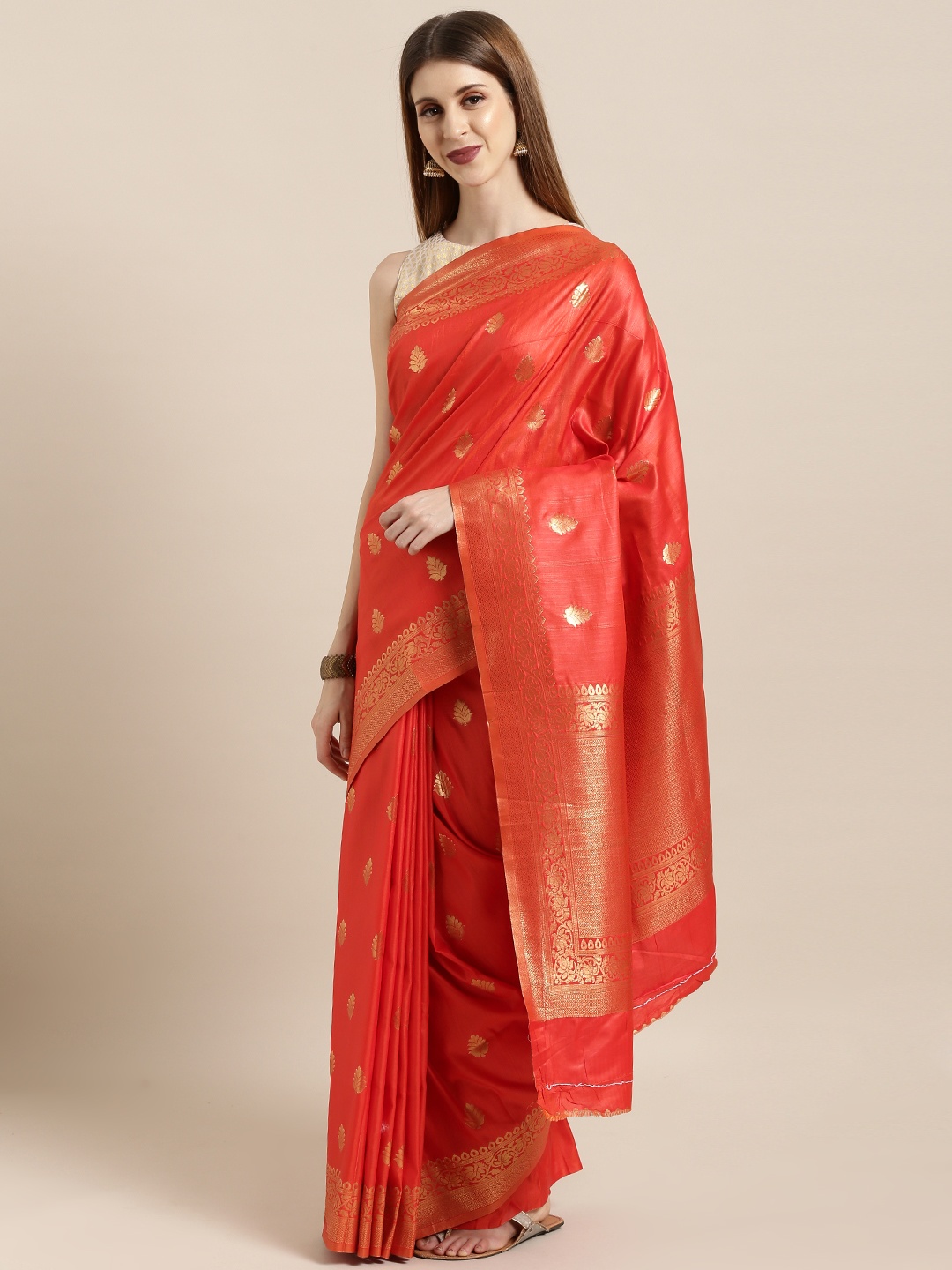 

Mitera Peach-Coloured Silk Blend Woven Design Kanjeevaram Saree