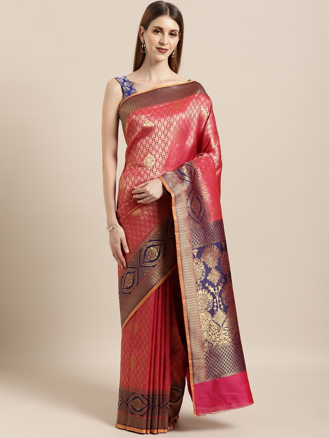 

Mitera Pink & Gold-Toned Silk Blend Woven Design Kanjeevaram Saree