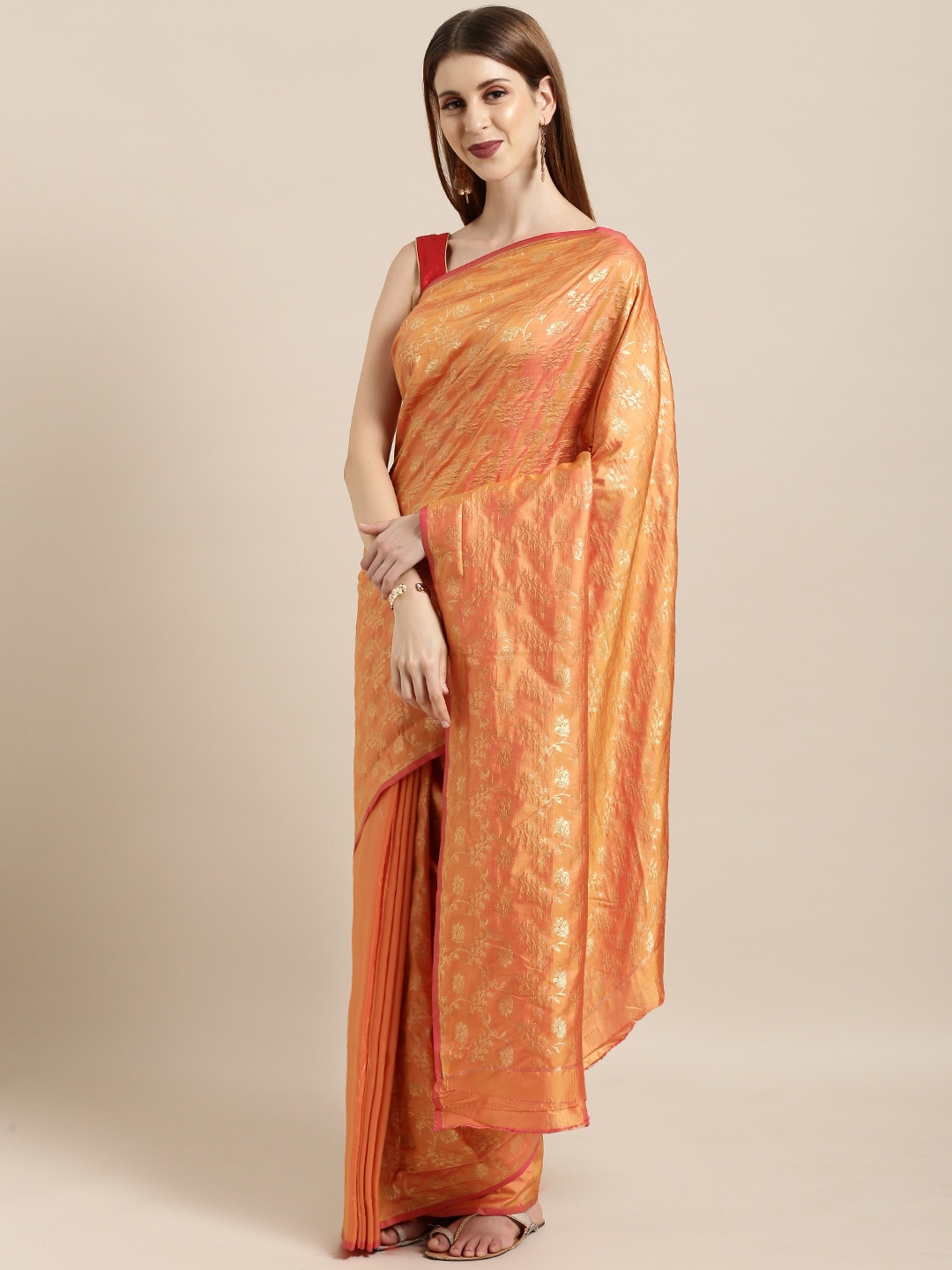 

Mitera Orange & Gold-Toned Silk Blend Dual Tone Woven Design Kanjeevaram Saree