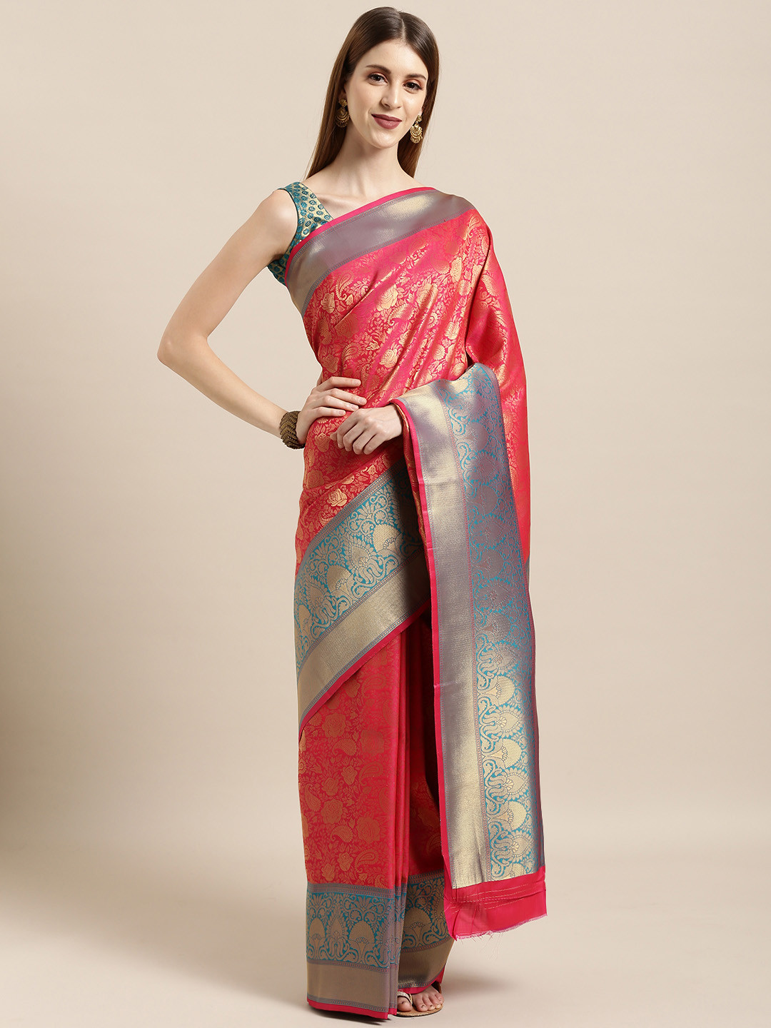 

Mitera Pink Silk Blend Woven Design Kanjeevaram Saree
