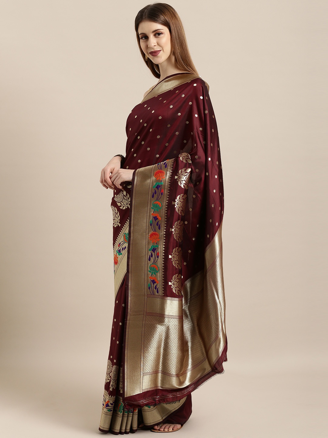 

Mitera Maroon & Gold-Toned Silk Blend Woven Design Polka Dot Kanjeevaram Saree
