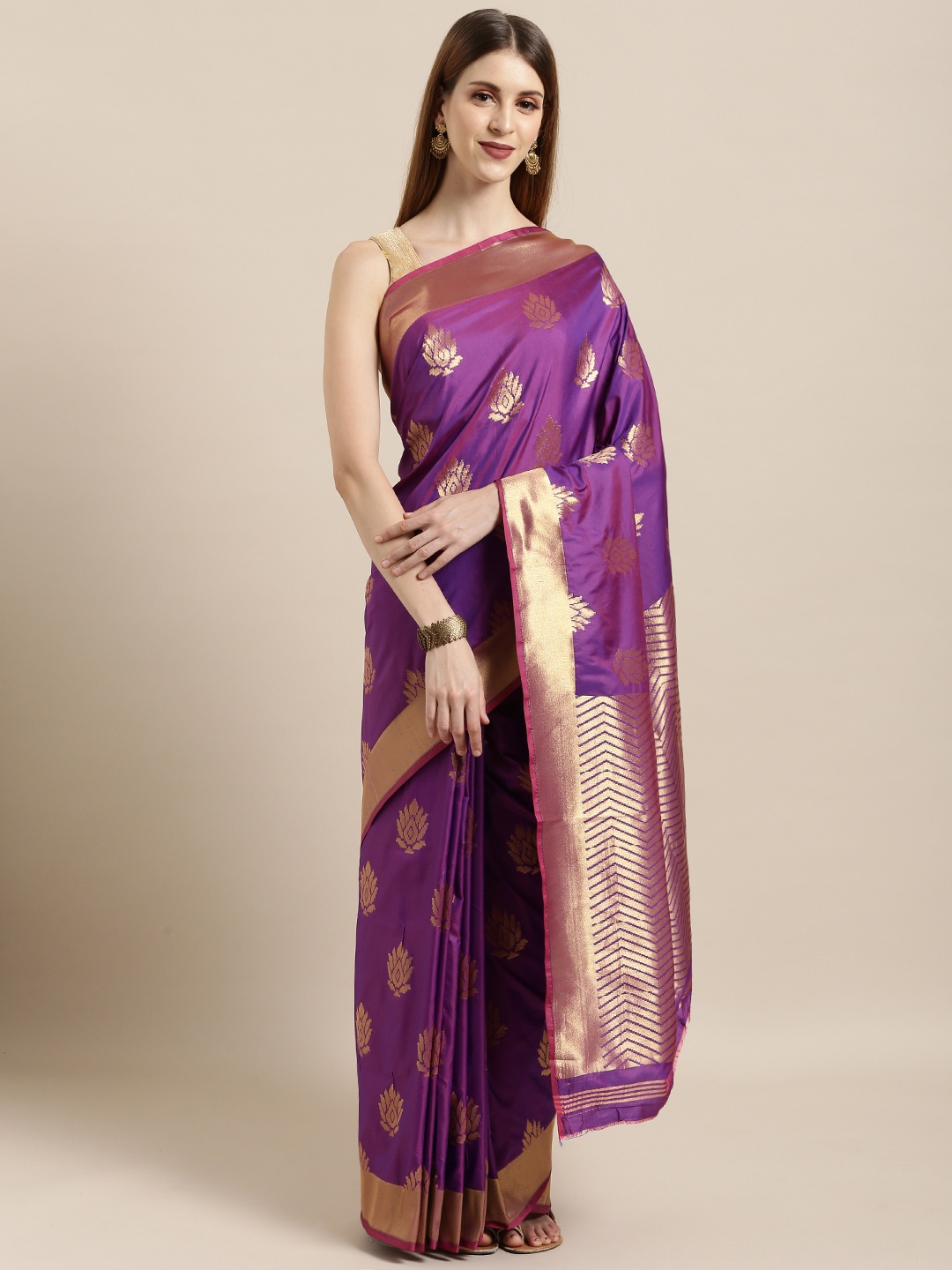 

Mitera Purple & Gold-Toned Silk Blend Woven Design Kanjeevaram Saree