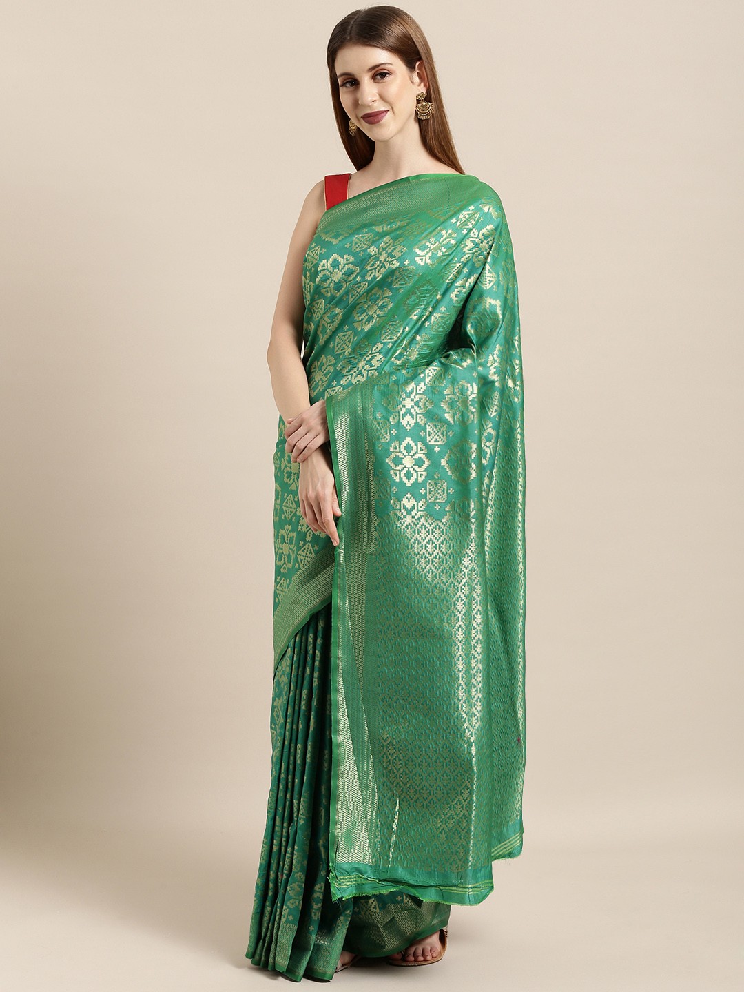 

Mitera Sea Green & Gold-Toned Silk Blend Woven Design Kanjeevaram Saree