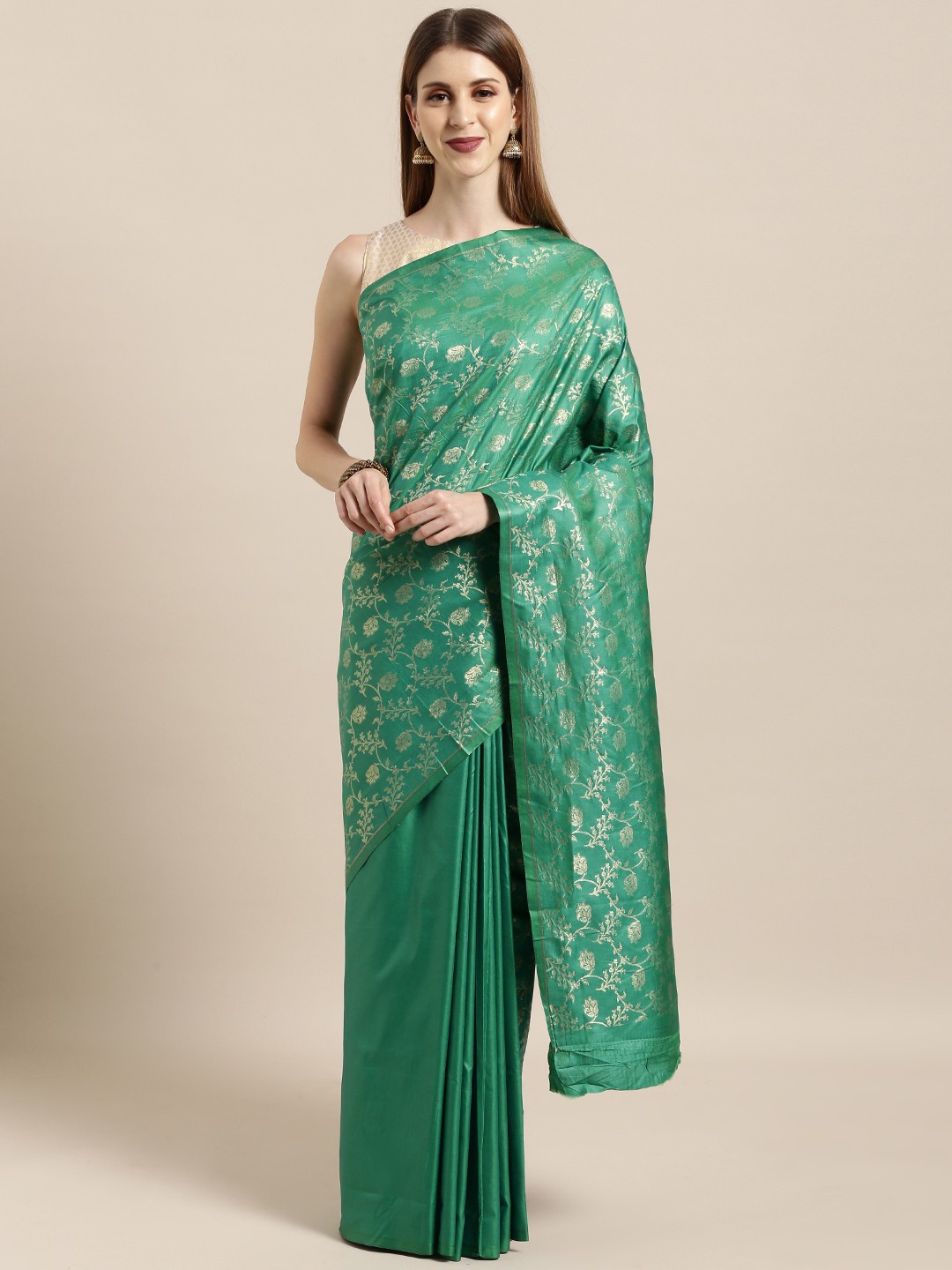 

Mitera Green & Gold-Toned Banarasi Silk Blend Woven Design Kanjeevaram Saree