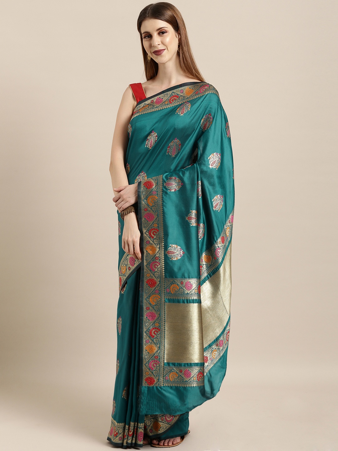 

Mitera Teal Blue & Gold-Toned Silk Blend Woven Design Kanjeevaram Saree