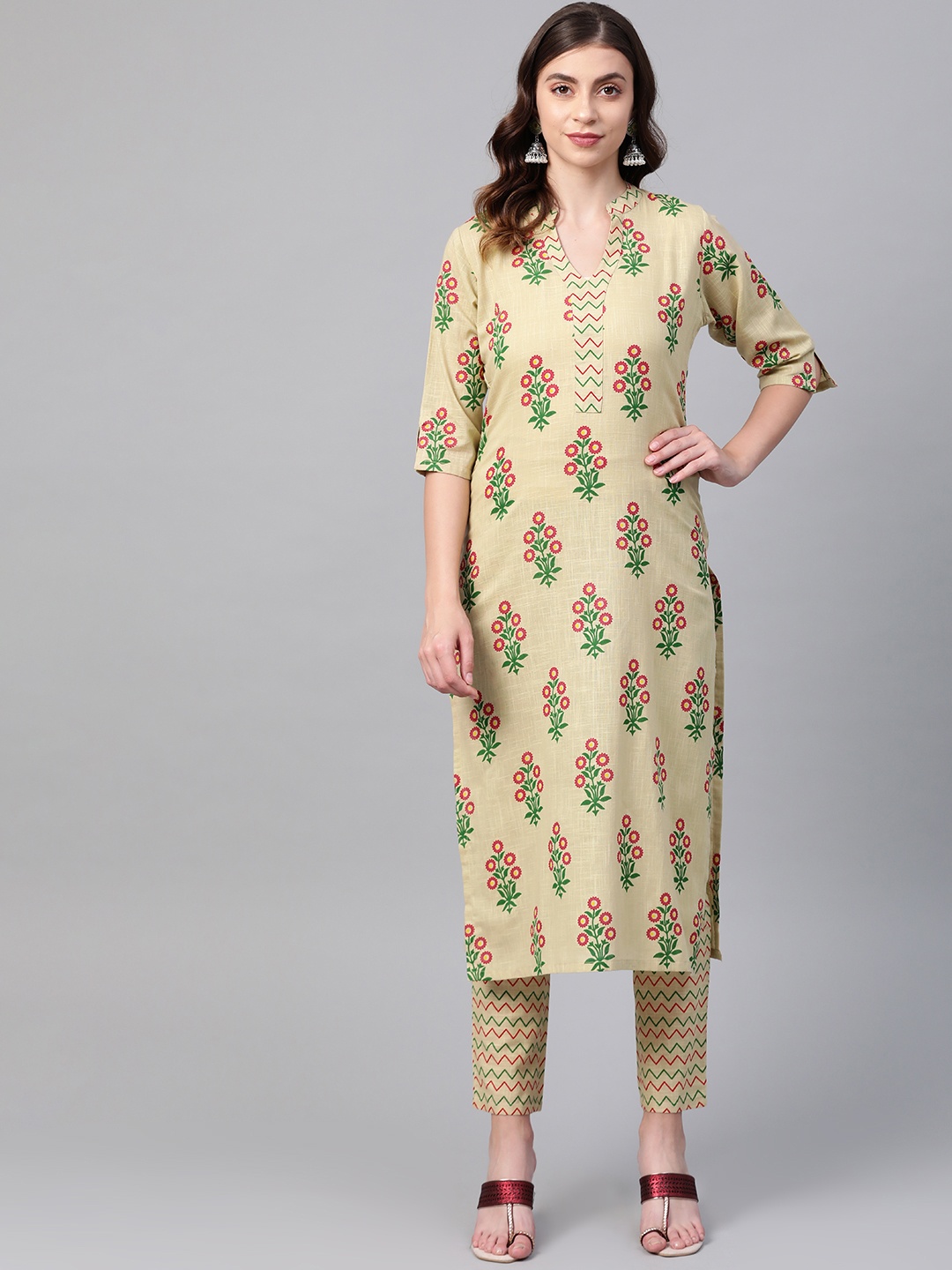 

Ives Women Beige & Green Printed Kurta with Trousers