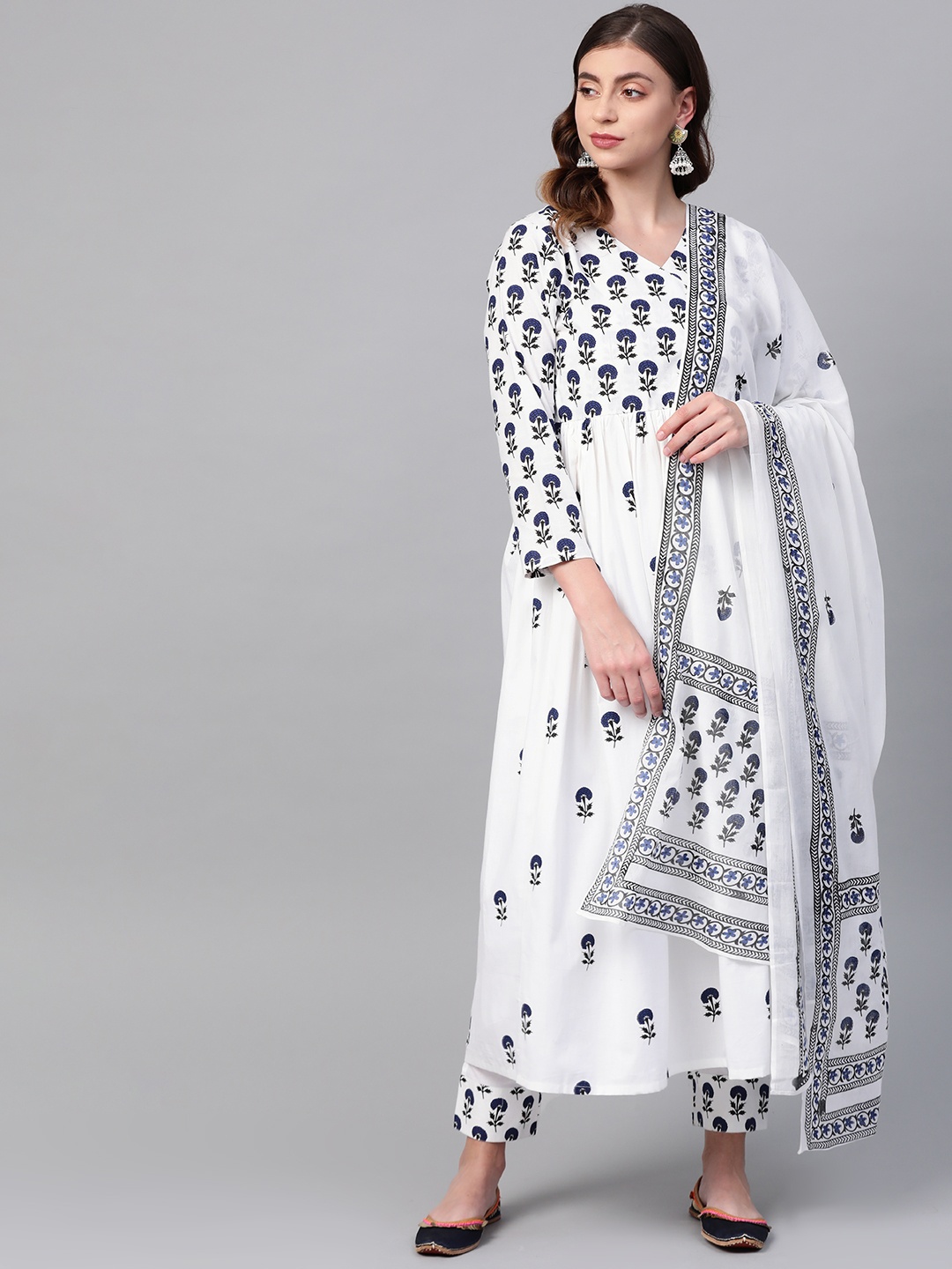 

Ives Women White & Navy Blue Angrakha Printed Kurta with Trousers & Dupatta