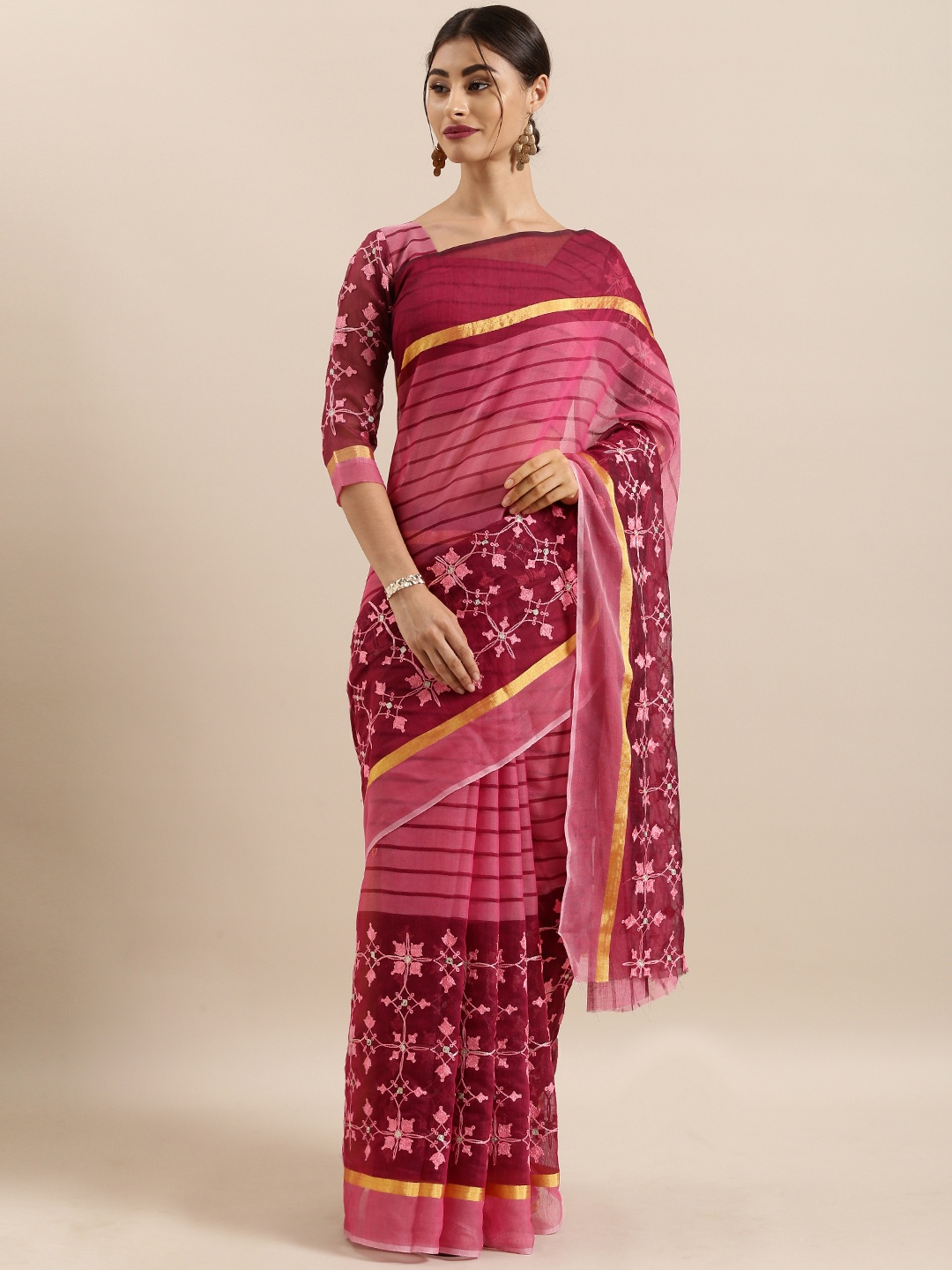 

Kvsfab Pink Striped & Embroidered Cotton Blend Saree