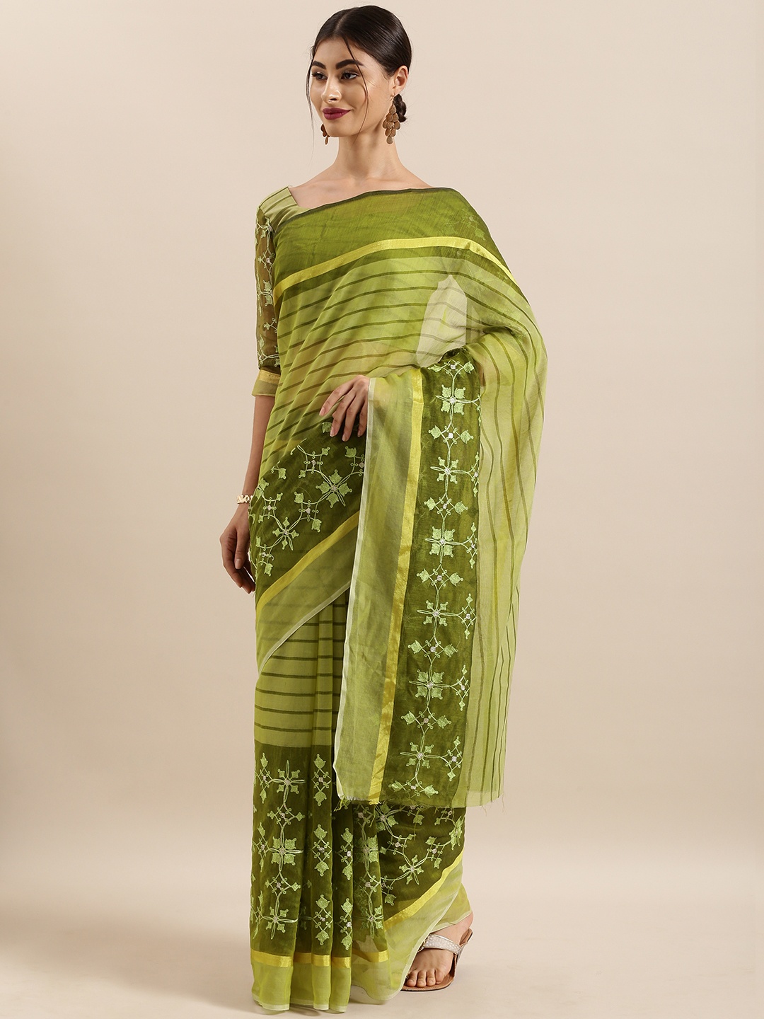 

Kvsfab Olive Green Striped & Embroidered Cotton Blend Saree