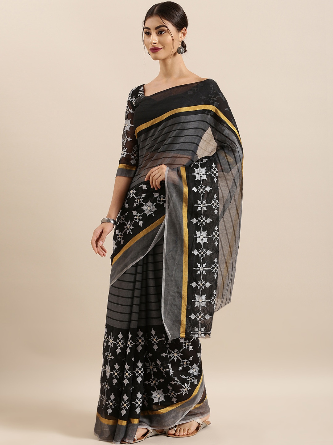 

Kvsfab Black & White Cotton Blend Striped Saree