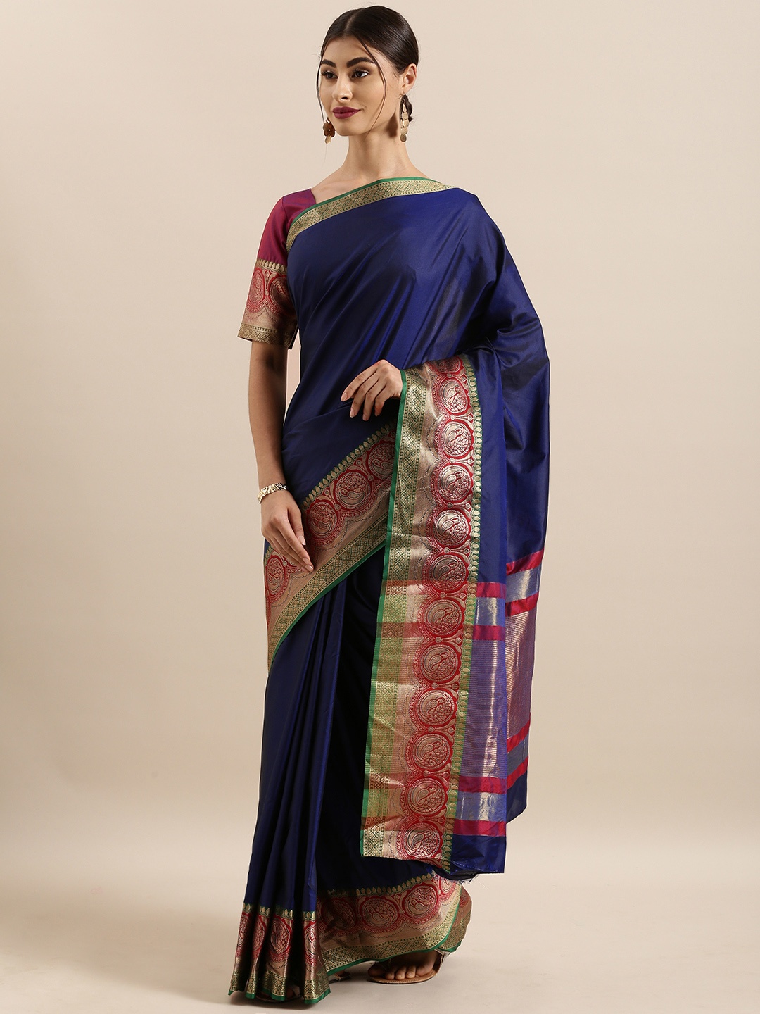 

Kvsfab Navy Blue Solid Silk Blend Saree