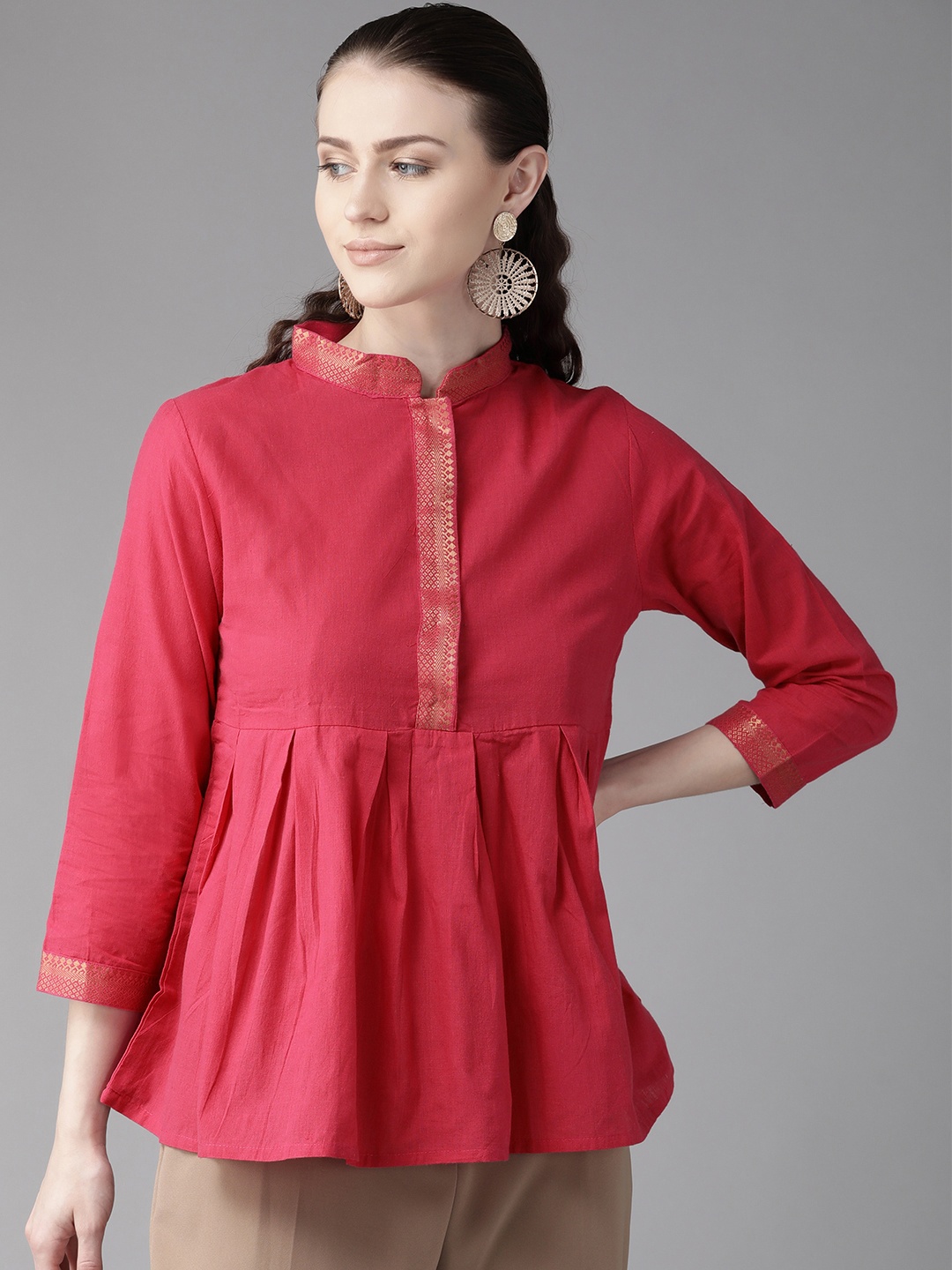 

Bhama Couture Women Pink Solid Mangalgiri Handloom A-Line Pure Cotton Top