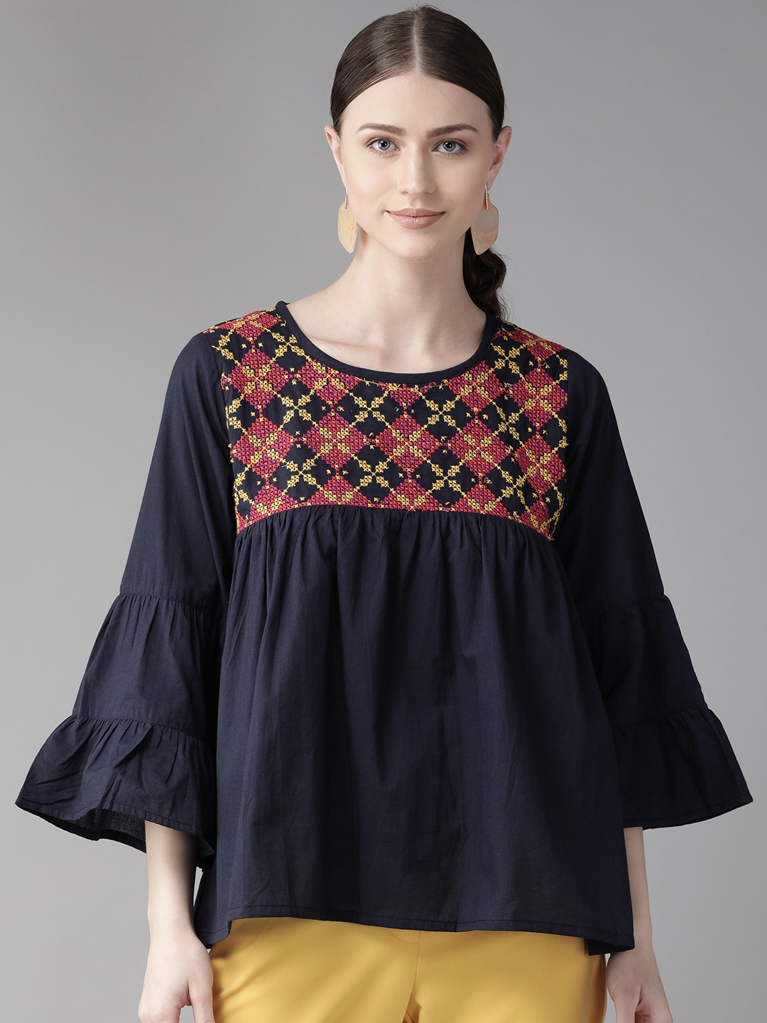 

Bhama Couture Women Navy Blue Embroidered A-Line Top
