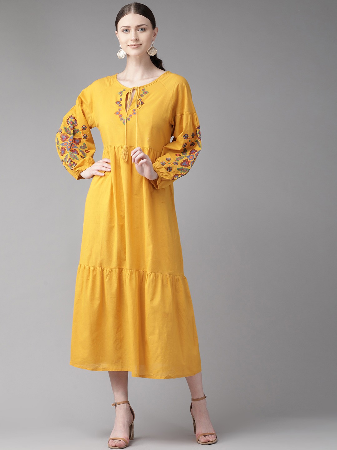 

Bhama Couture Women Mustard Yellow Solid Tiered A-Line Dress