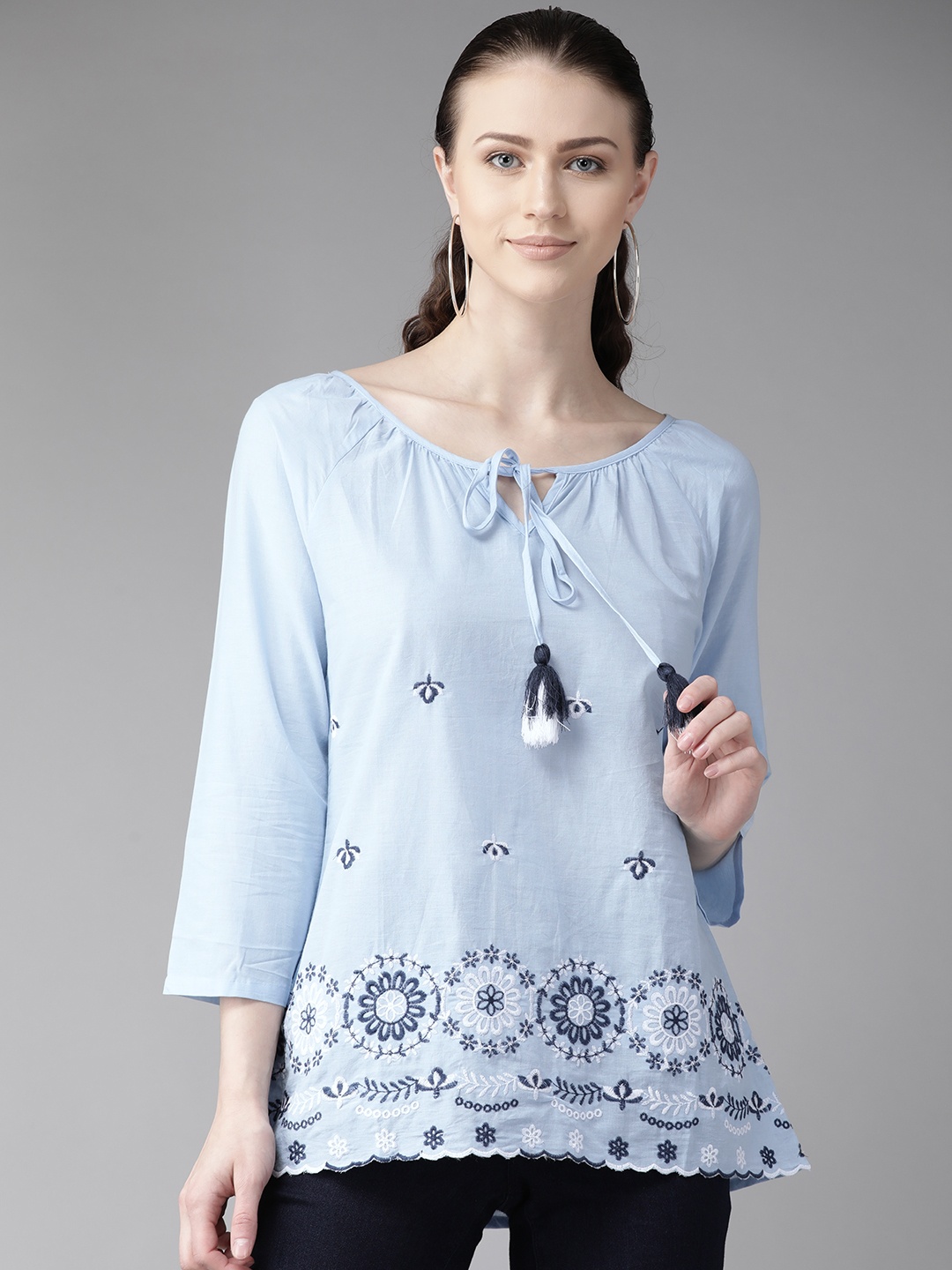 

Bhama Couture Women Blue Embroidered Pure Cotton Top