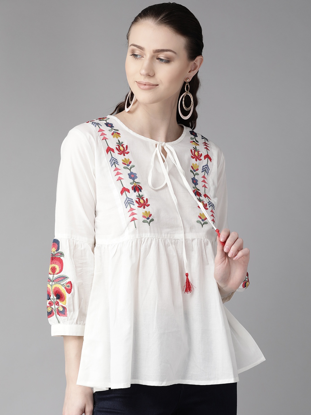 

Bhama Couture Women White Embroidered Empire Pure Cotton Top