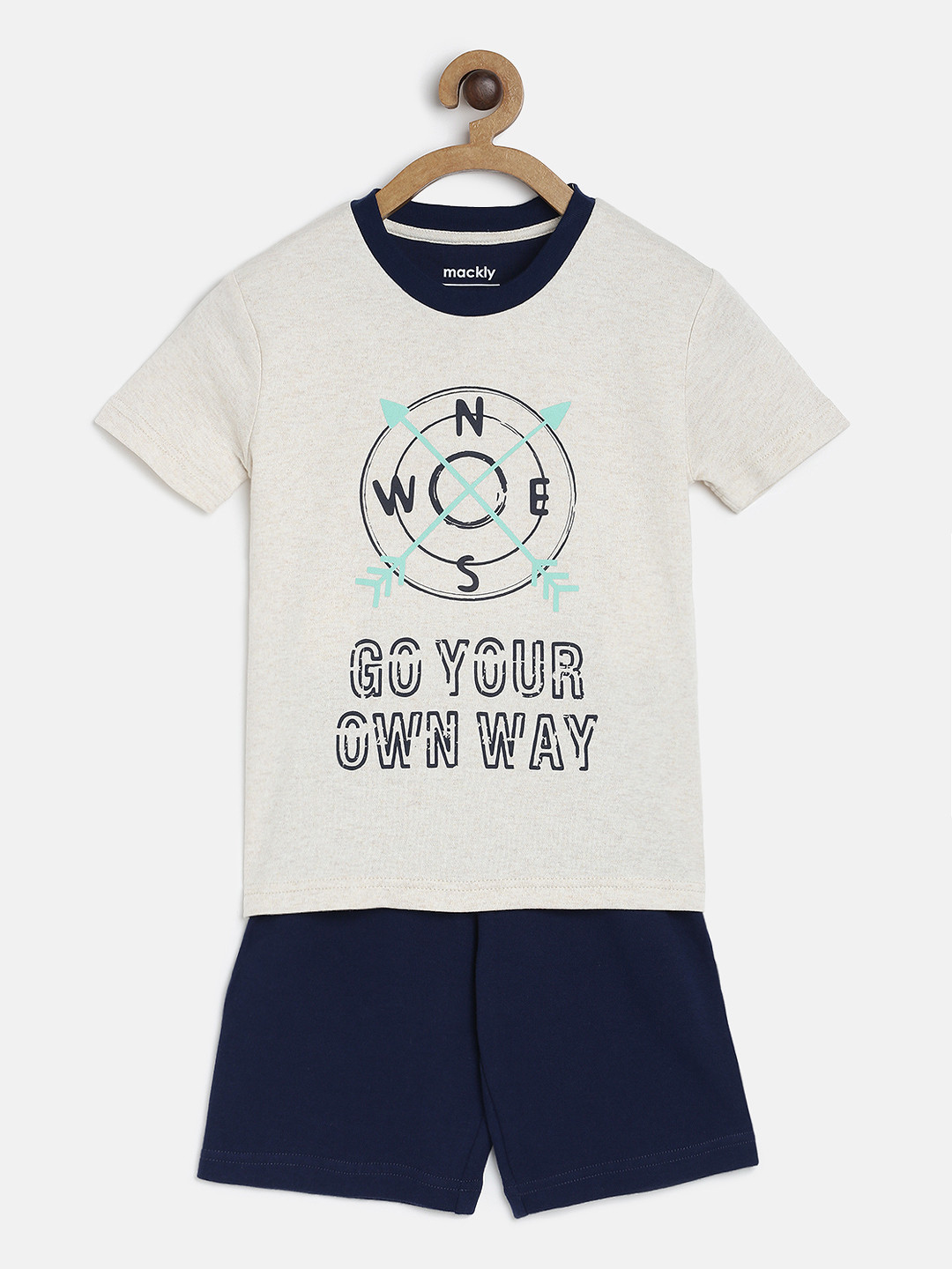 

mackly Boys Grey Melange & Navy Blue Printed Night suit
