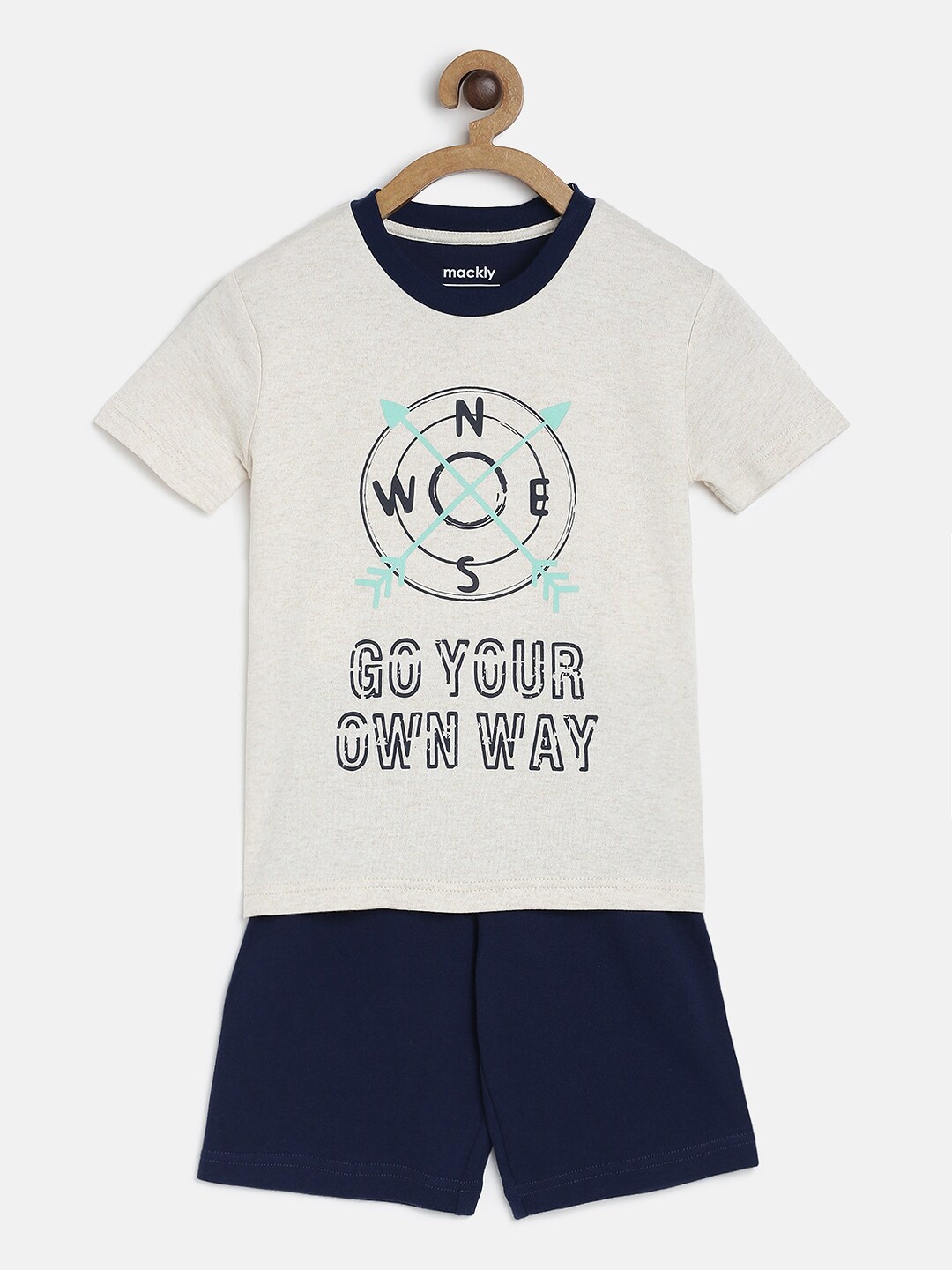 

mackly Boys Grey Melange & Navy Blue Graphic Printed Night suit